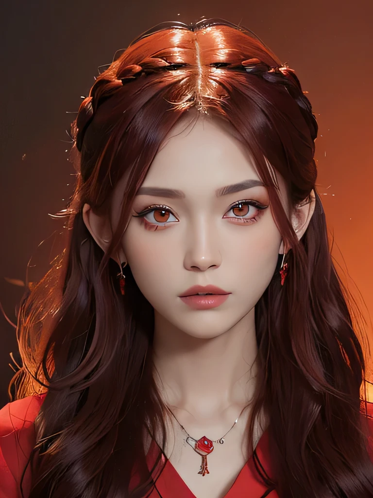 (in the dark:1.6), Surrealist female portraits by David Hockney and Alphonse Mucha,fantasy art, 4k, Award history,, 1 girl, in the dark, deep shadow, secret key,cowboy shot,(Formal wear:1.4) ,long wavy hair,redhead,clavicle、flame background、redhead、red background、red spirit clothes、earrings、necklace、red tattoo、red eyes、she is a spirit、close up of face、red eyes、bright red eyes、Red contact、close up of face、red eyes、look up、red fairy costume、bright red eyes、red headband、red eyes、Braid、