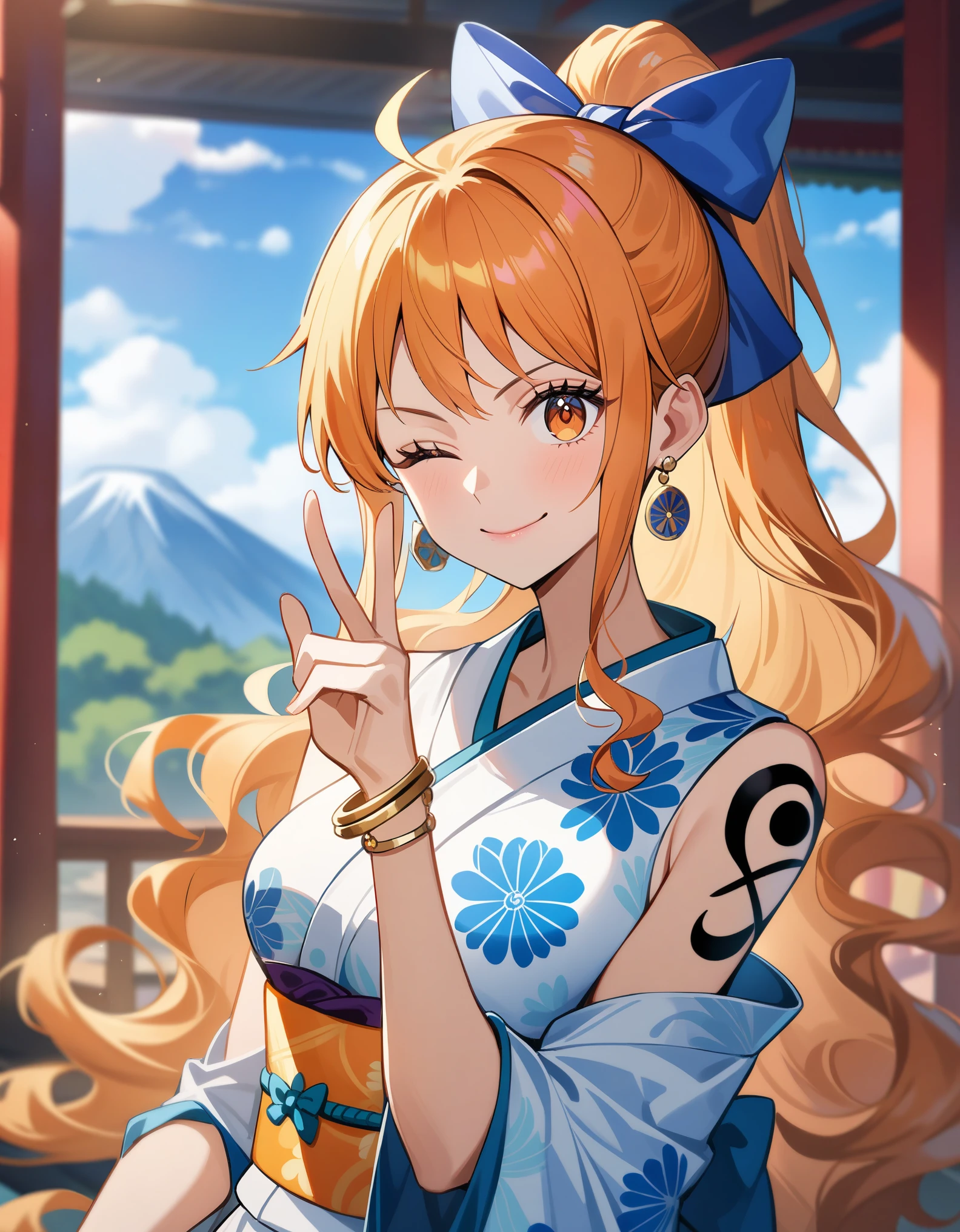2d, masterpiece, best quality, anime, highly detailed face, highly detailed background, perfect lighting, wano, nami, one piece , 1girl, solo, one eye closed, long hair, smile, jewelry, sash, japanese clothes, obi, orange hair, kimono, bow, light blue kimono, flower, flower print, earrings, looking at viewer, sleeveless kimono, ahoge, ribbon, hair bow, sky, day, bracelet, sleeveless, ;\), blue bow, outdoors, breasts, cloud, closed mouth, ponytail, blue sky, brown eyes, orange eyes, left shoulder tattoo, bare shoulders, very long hair, sidelocks, bangs, collarbone, upper body, left arm tattoo, bare arms, official alternate costume, blurry, hand gesture, alternate costume, medium breasts, blurry background, large breasts, eyelashes, mountain, parody, cloudy sky, sitting, shiny hair, bangle, wavy hair,