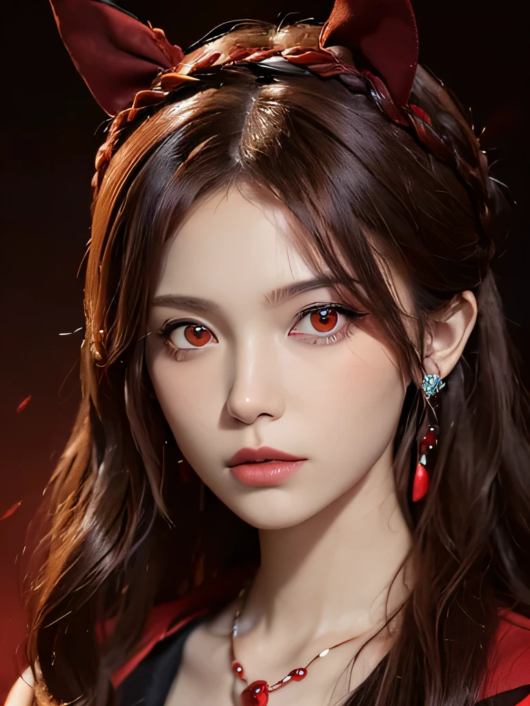 (in the dark:1.6), Surrealist female portraits by David Hockney and Alphonse Mucha,fantasy art, 4k, Award history,, 1 girl, in the dark, deep shadow, secret key,cowboy shot,(Formal wear:1.4) ,long wavy hair,redhead,clavicle、flame background、redhead、red background、red spirit clothes、earrings、necklace、red tattoo、red eyes、she is a spirit、close up of face、red eyes、bright red eyes、Red contact、close up of face、red eyes、look up、red fairy costume、bright red eyes、red headband、red eyes、Braid、