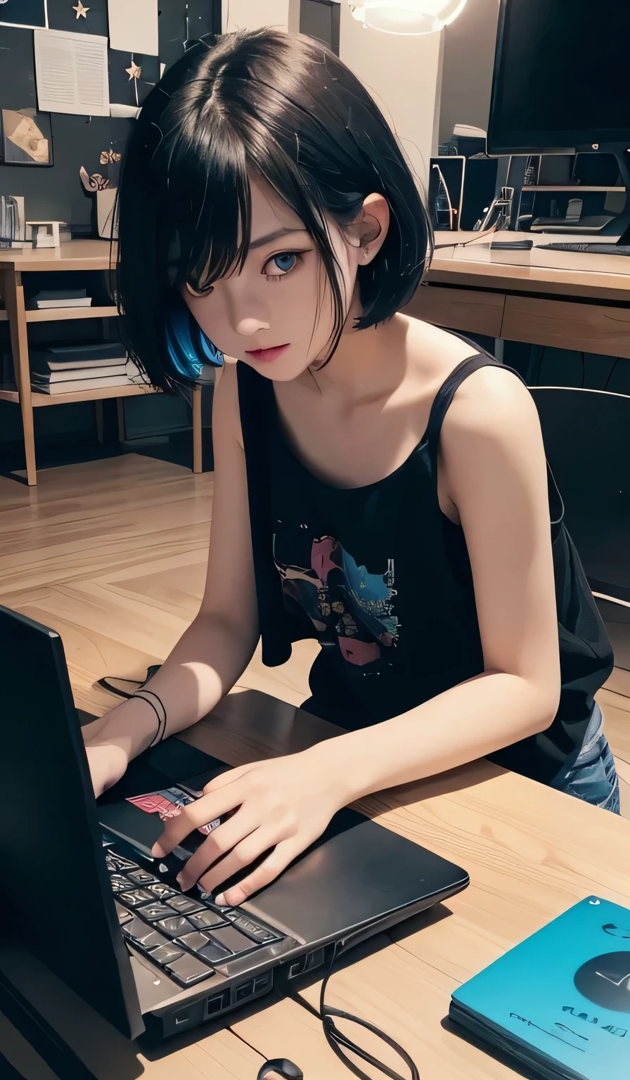 (photo Aesthetic , wallpaper ,8k), (masterpiece, vibrant, best Quality), 1 girl, solo, 18 years old, short black hair, Messy hair , blue eyes, tank top, black Jacket, shorts, Playing games, ((lighting from a computer)), (high angle), indoor, (night)