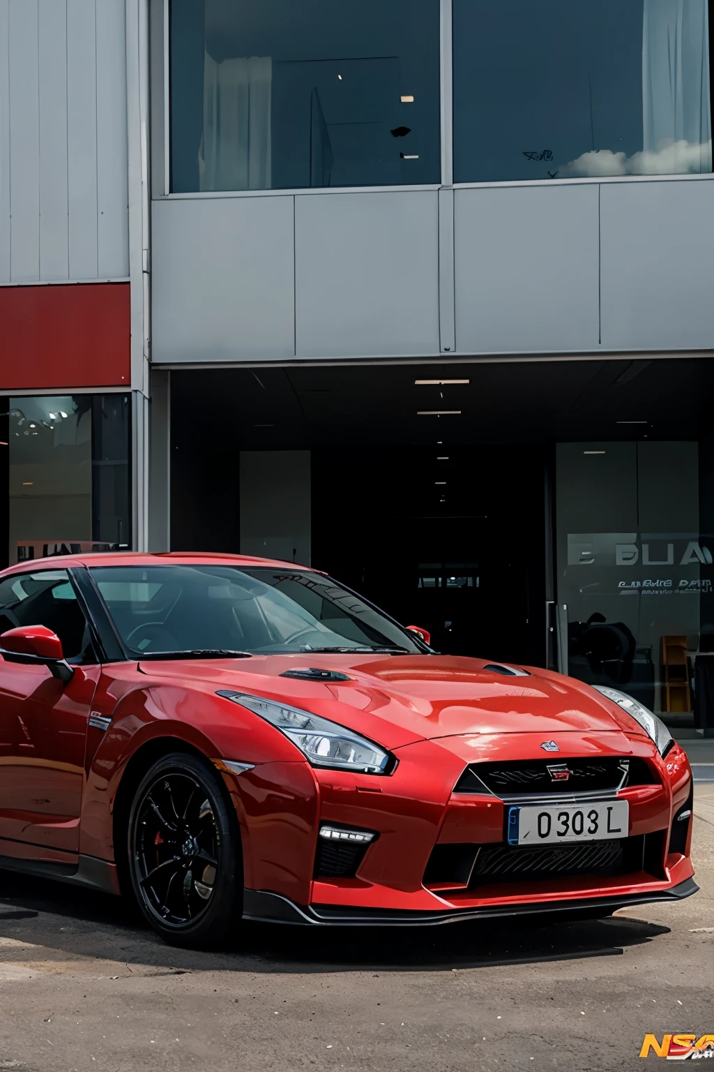 creame una imagen de una nissan gtr 34 y con el logo de nissan de fondo 