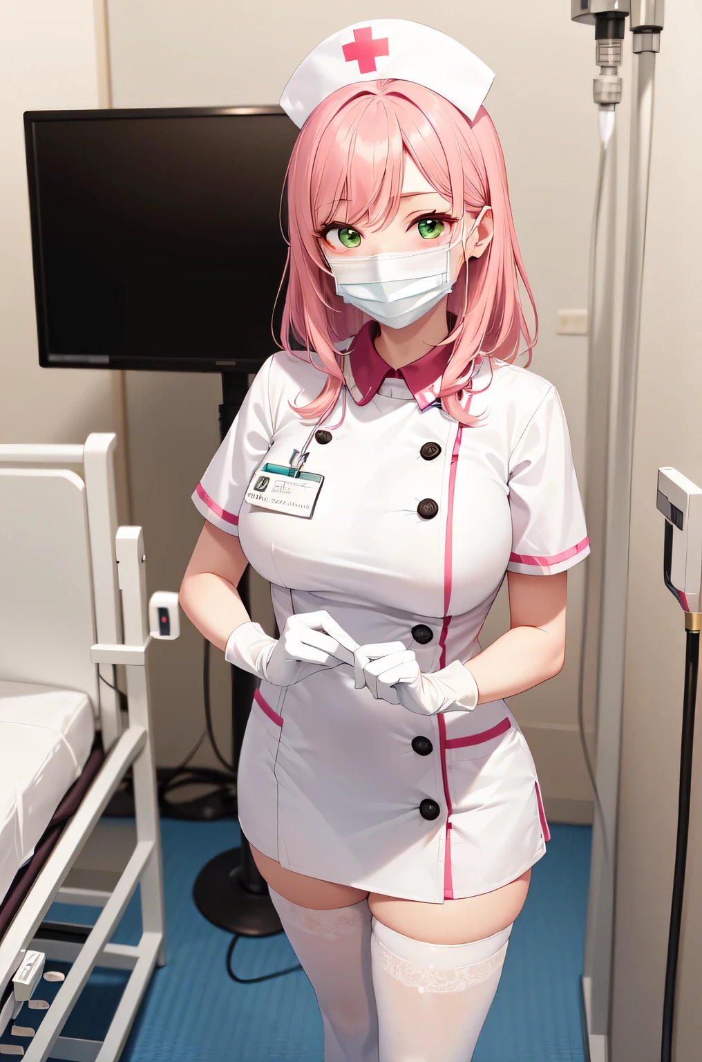 1woman, solo, nurse, white nurse cap, white nurse uniform, ((white legwear, zettai ryouiki)), white gloves, pink hair, green eyes, drooping eyes, ((white surgical mask, covered nose)), standing, ((hospital room)), sharp outline, short sleeves, mature female, 32 years old, best quality, masterpiece