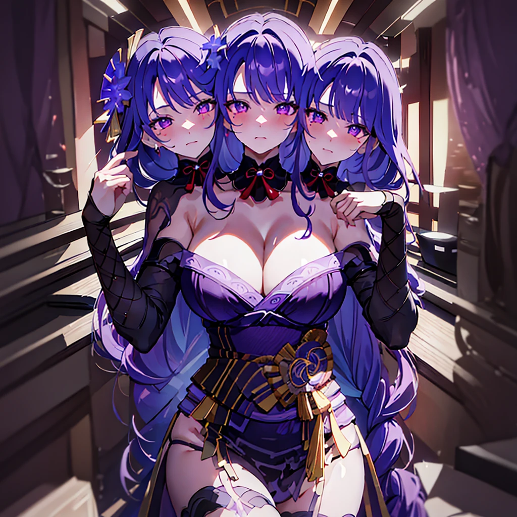 [[[[[[[[kacyu, as109]]]]]]]], (masterpiece, best quality), best resolution, (3heads:1.5), 1girl, raiden shogun character, purple hair, purple eyes, long_hair, purple_hair, bangs, purple_eyes, breasts, hair_ornament, large_breasts, \braid, cleavage, hair_flower, blush, very_long_hair,  masterpiece, illustration, beautiful, 4k, 8k,