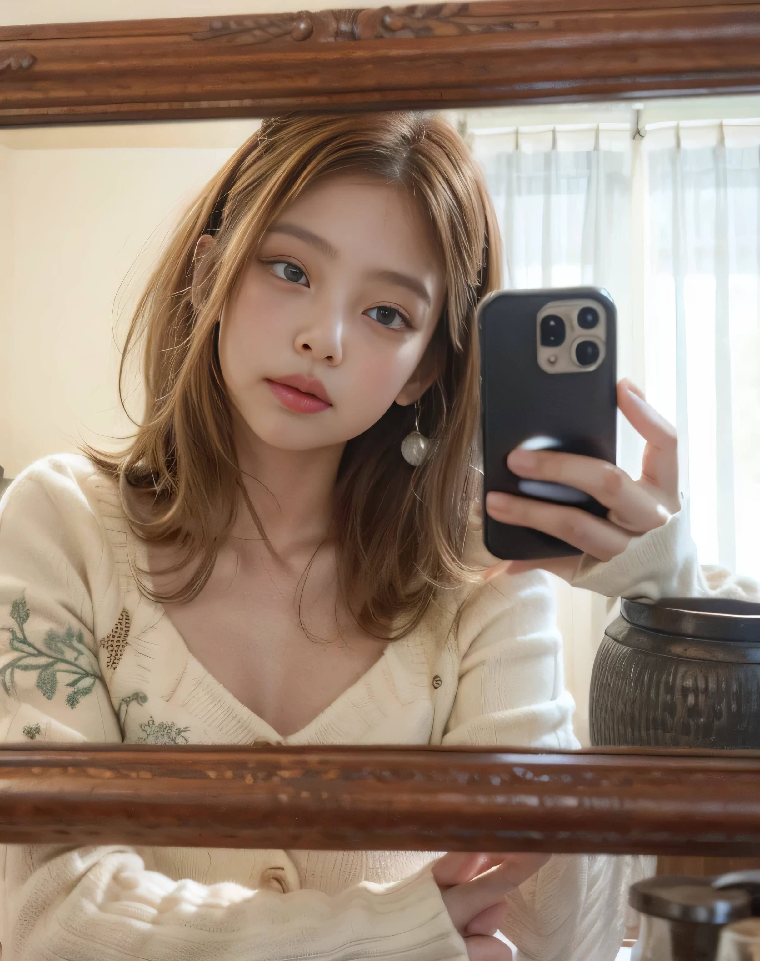 there is a woman taking a photo of herself in the mirror, Ulzzang, com cabelo curto, selfie de uma jovem, Heonhwa Choe, o corte Hime, penteado com corte hime branco, 21 anos de idade, 23 anos, 22 anos de idade, selfie, Jinyoung Shin, lalisa manobal, Chiho, taejune kim