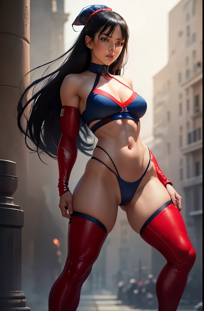 full body shot,on tiptoe,liza troyan a beautiful ukrainian.
Black hair down to her shoulders.
Sexy face, blue eyes, white skin.
Muscular and defined body. wearing Mini fighting suit, mortal kombat style, deep red showing the crotch, Bare feet, red fabric covering the calves and forearms, pubic contours, puffy pubic