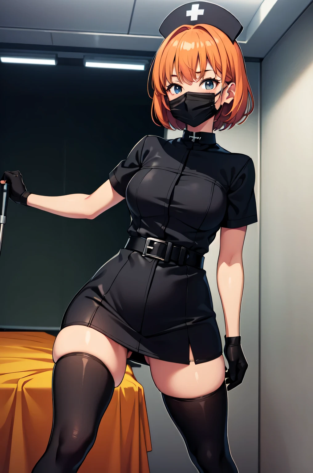 black nurse, 1girl, solo, black nurse cap, black nurse uniform, ((black legwear, zettai ryouiki)), black elbow gloves, very short hair, orange hair, ((black surgical mask, covered nose)), standing, ((surgery room)), sharp outline, short sleeves, tomboy, boyish, best quality, masterpiece