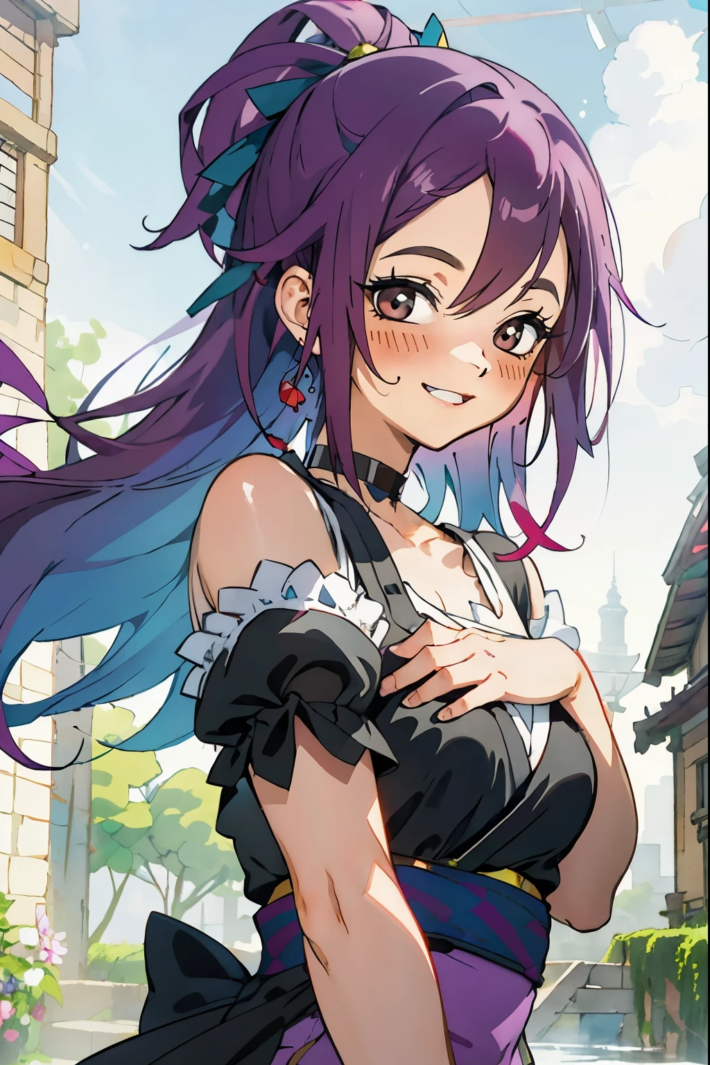 masutepiece, Best Quality, Ultra-detailed, Off-the-shoulder clothing, Colorful,Up-close, Hyper-detailing，purple color  hair, , Ultra-realistic hair quality, Vibrant colors, Beautiful long hair, shoulder-lengh hair, Shiny hair, detailed hairs, Hair Ribbon, Single-sided up, ribbon, Kisho, Jigokuraku, no sleeves, Sleeveless, open shoulders, Cinderella, Cinderella with panniers, Cinderella Dress, Lace dress, long dress, white tights and leggings, leggings, lace tights, bare foots, sandals, brown sandals, gladiator sandals, Chest exposure, Lace underwear, Metamorphosis is exposed, Choker, black choker, complete fingers, Five Fingers, Two arms, Two hands, Sexy breasts, Scar, Big breasts, red blush, 1girl in, Solo, Sharp face, Heterochromia, Green eyes, Purple eyes, Bare neck, Happy face, rays of sunshine, Brave Sky, shining sky, Village of Shanghai, Slums, crouching down, waving and smiling