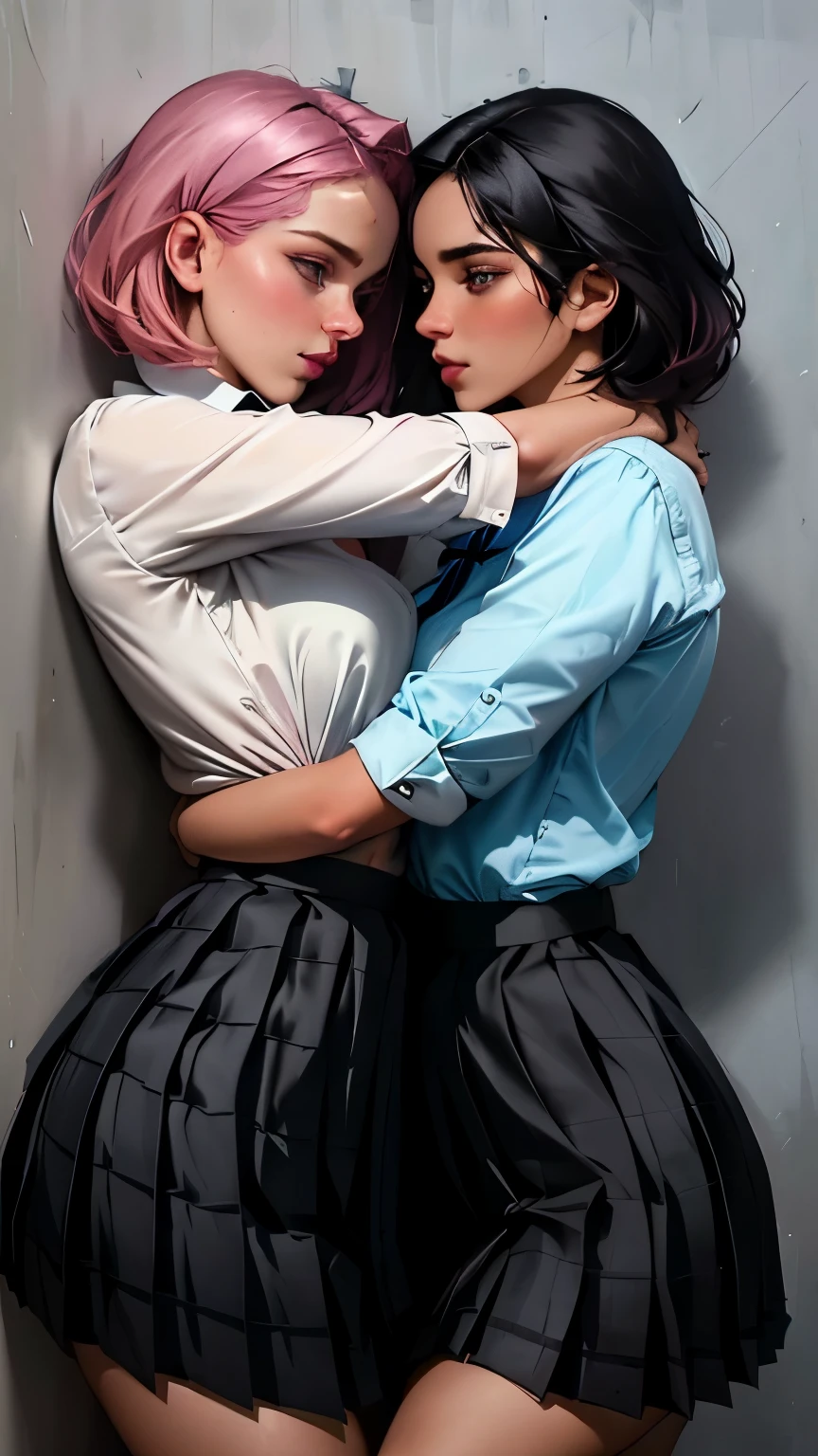 In an intimate and NSFW moment, the two eighteen-year-old girls found themselves pressed against each other, their bodies close enough to feel the heat radiating between them. One girl with waist long black hair was pinned against the wall, her arms raised above her head, surrendering to the other's touch. The other girl with short pink hair held her waist, her hand sneaking under the skirt, their gazes locked deeply into each other's eyes. With seductive expressions playing on their faces, they explored this forbidden moment, their hearts racing with desire. (Both girls wear pleated skirts:1.5), (breastapart:1.5)