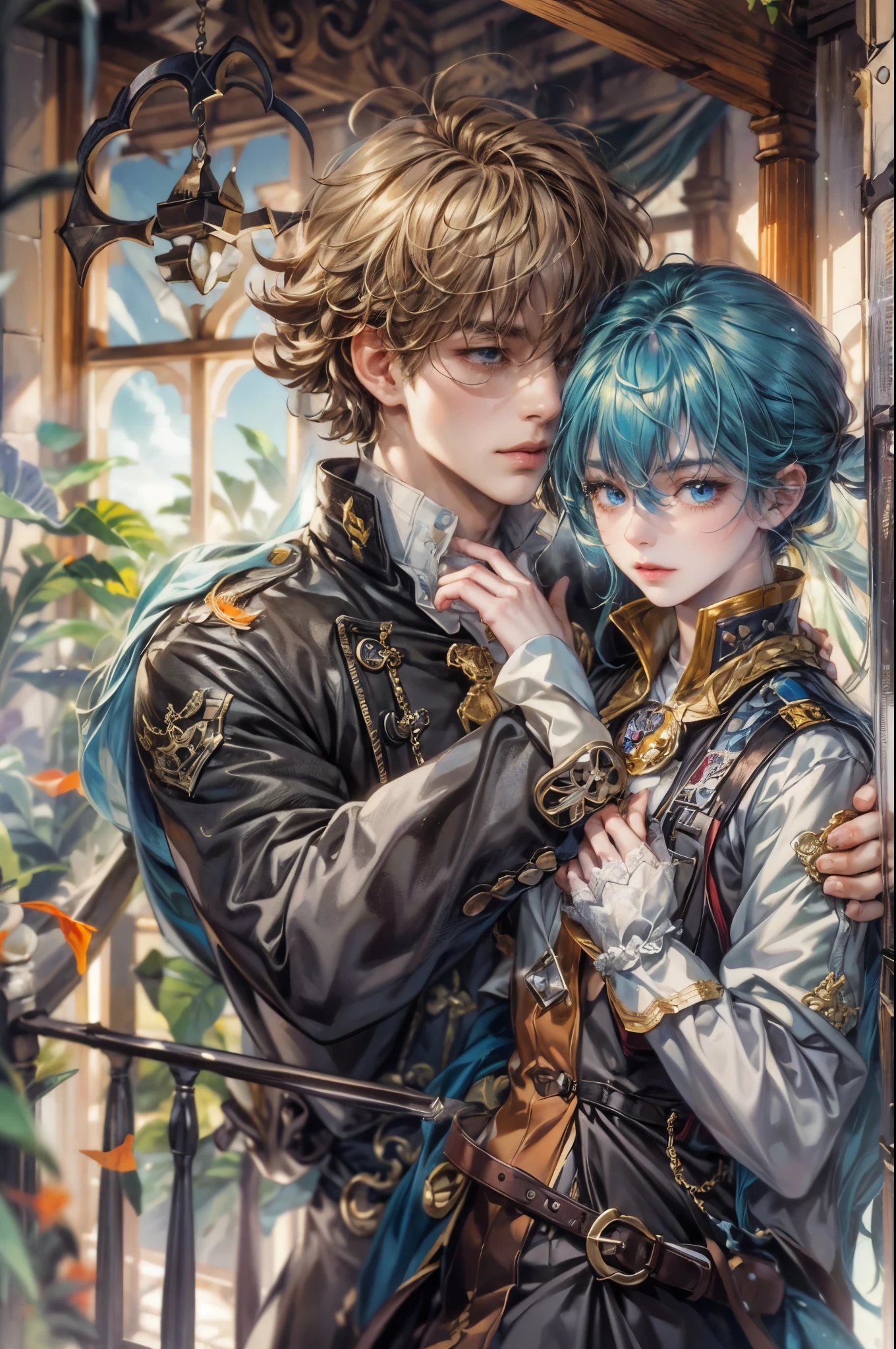 ((Best quality)), ((masterpiece)), (detailed), ((perfect face)), ((halfbody)) Paint a captivating scene featuring the boy male characters from Anime Binan Chikou Boueibu, with a focus on their emotional connection and the harmonious blend of their unique talents. background is a detailed small town and a spooky cobblestone path through a Victorian Gate