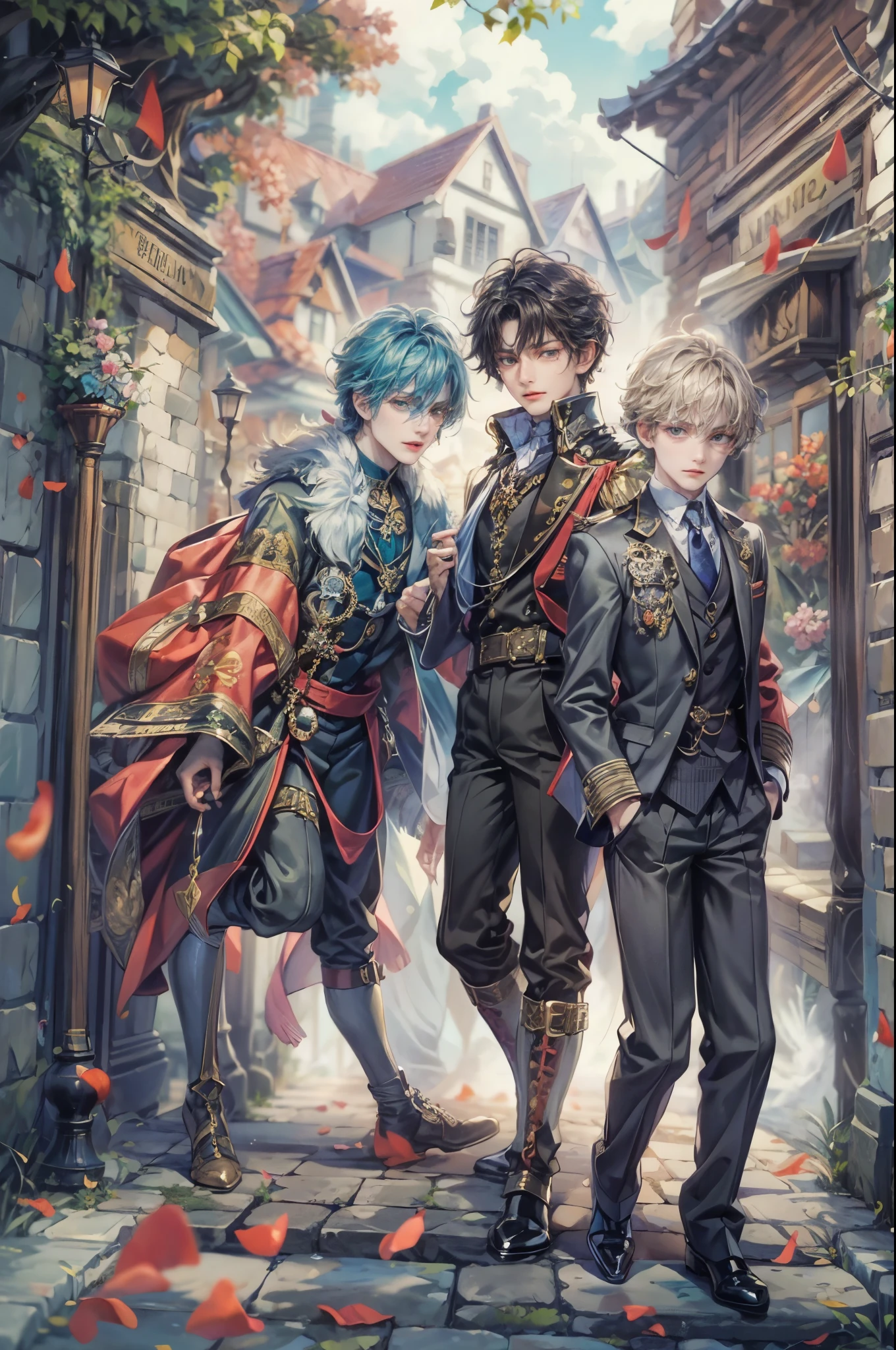 ((Best quality)), ((masterpiece)), (detailed), ((perfect face)), ((halfbody)) Paint a captivating scene featuring the boy male characters from Anime Binan Chikou Boueibu, with a focus on their emotional connection and the harmonious blend of their unique talents. background is a detailed small town and a spooky cobblestone path through a Victorian Gate