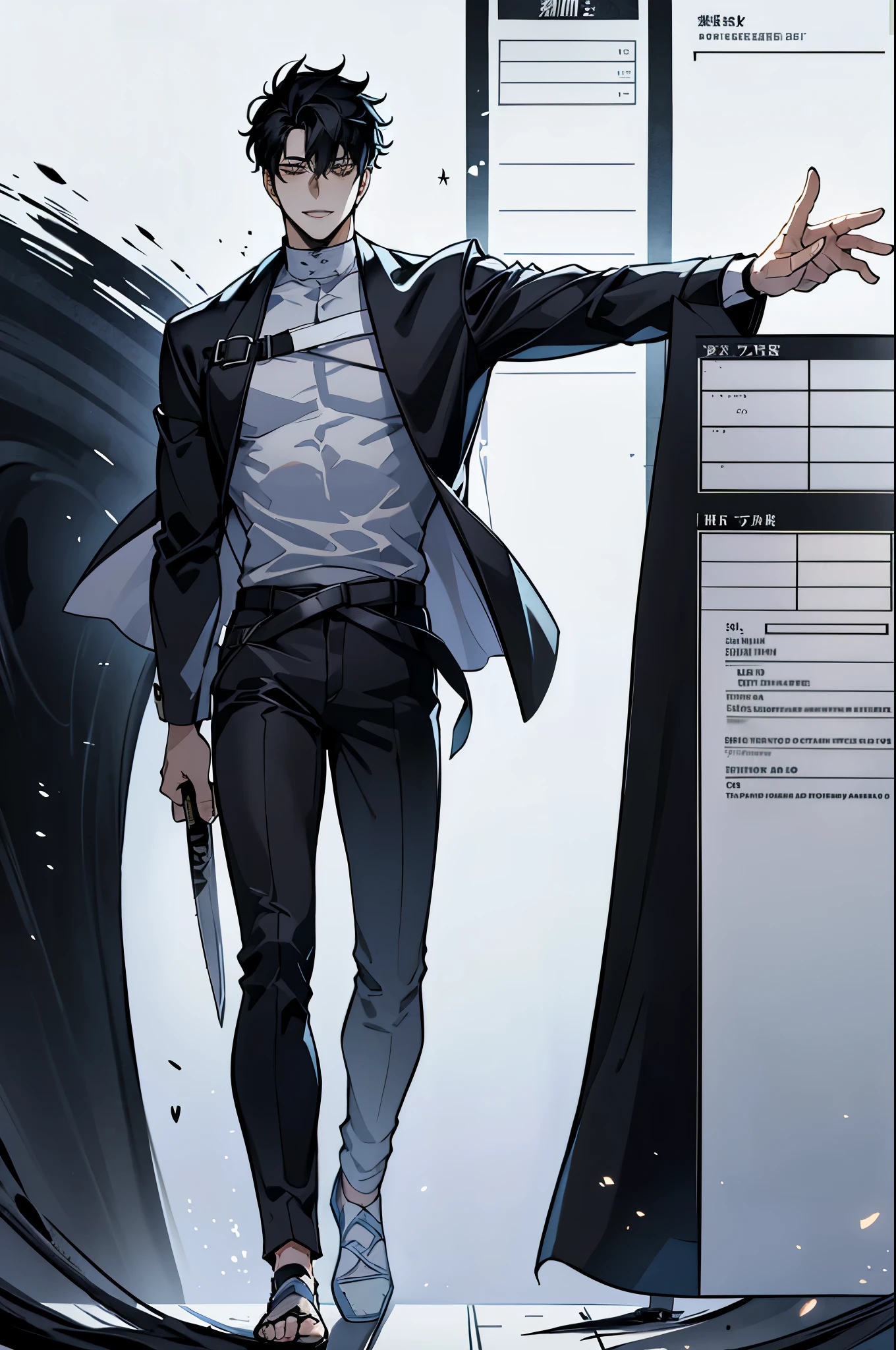 masterpiece, ultra detailed, 4K, 8K, 32K, intricate, (((1boy))), ((black hair)), ((no background)), white background, detailed eyes, (closed eyes), eyes shut, smile, smiling, white shirt and black pants, , handsome young man, 20 year old, (((same character))), (dynamic pose), anatomically correct hands, modern clothing, detailed clothes, (slender body), Hideaki Sorachi, Bleach, Tite Kubo, Kazuki Yone, (((stylish haircut))), Katana, holding a sword, holding a Katana, (((character sheet))), ((full body))
