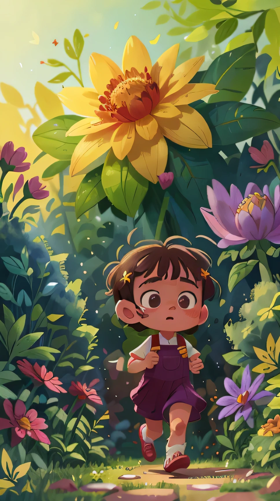 A 6--old l is running in a garden, she is wearing gardener's clothes, is scared, scared, perfect quality, clear focus (mess - house: 0.8), (masterpiece: 1.2) (Realistic: 1.2) (Bokeh) (Best quality) (Detailed Skin: 1.3) (Intricate Details) (8K) (Eye Detail) (Sharp Focus), (Unhappy)