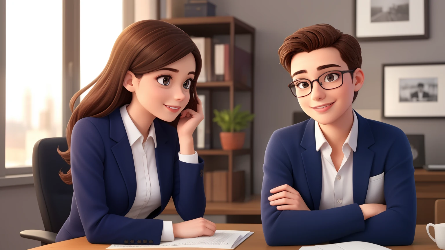 A woman with glasses and a man with glasses, young, talking, smiling and looking at each other.