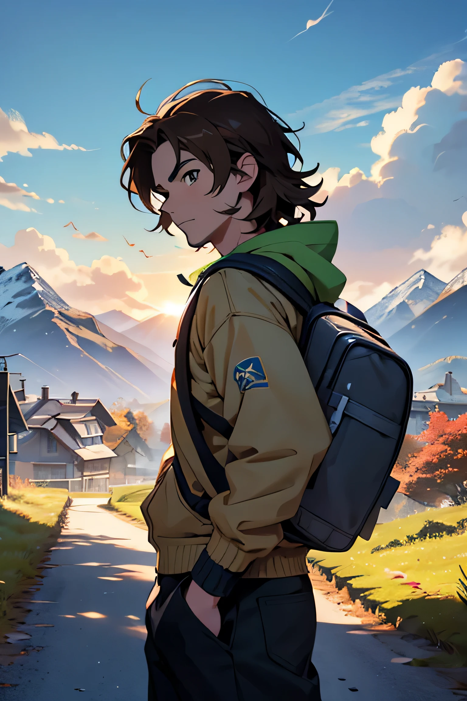 Generate an anime-style image based on Pokémon art featuring a light-skinned young adult, Cabelo castanho ondulado, e uma leve barba por fazer. Alta qualidade facial. He is wearing late autumn clothes and carrying a backpack, Reminds me of a Pokémon trainer. A cena inclui uma paisagem com montanhas ao fundo e um pequeno vilarejo com poucas casas, indicando uma jornada pela frente.