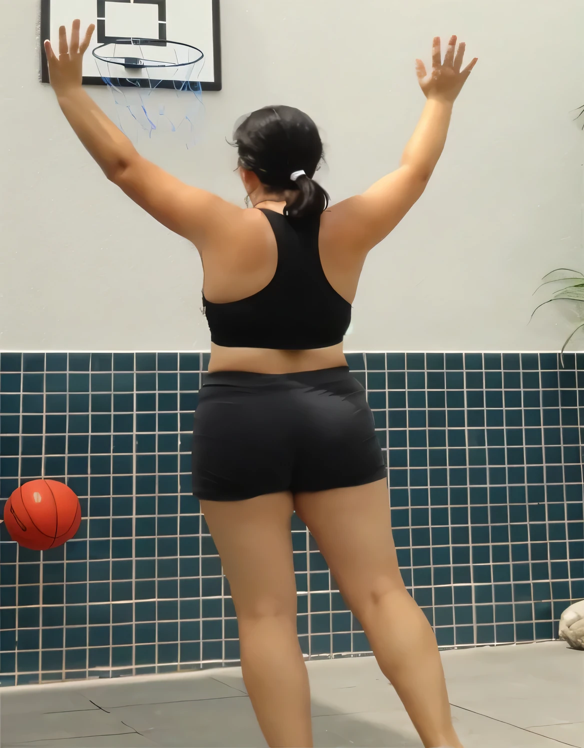 woman in black shorts playing basketball with a basketball hoop, backshot, tight black tank top and shorts, in shorts, sport bra and shorts, backview, sport bra and dark blue shorts, long shot from back, back - view, sporty, shot from the back, back pose, seen from the back, back - shot, wearing black shorts, back shot. there is a woman in a blue top and blue shorts taking a picture, in shorts, squatting down next to a pool, wearing black shorts, backview, seen from the back, back pose, back - view, tight black tank top and shorts, from back, shot from the back, from the back, long shot from back, in a gym. Foto de corpo inteiro, foto clara, alta qualidade, high resolution, obra-prima, 8K.