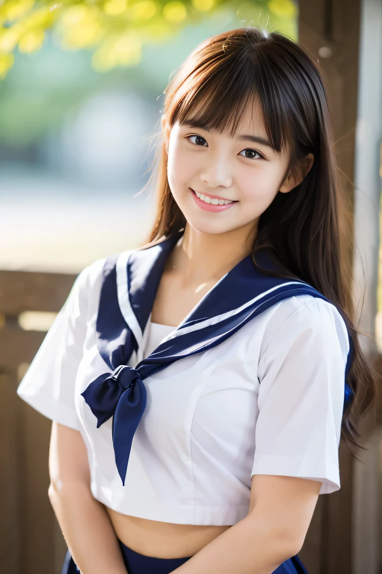 cleavage,　the chest of the shirt is wide open, embarrassed , 1girl, cute, 18 years old, smiling, look at viewer, sailor uniform, seifuku, photo, realistic, best quality, hires, detailed face, classroom, detailed background, diffused lighting, depth of field, bokeh, , portrait, , ( masterpiece), accurate, anatomically correct, f/1.8, 90mm, Fujifilm GFX 50R, raw photo, regina display, super detail, high details, high quality, best quality, highres, UHD, 1080p HD, 4K, 8K, beauty,