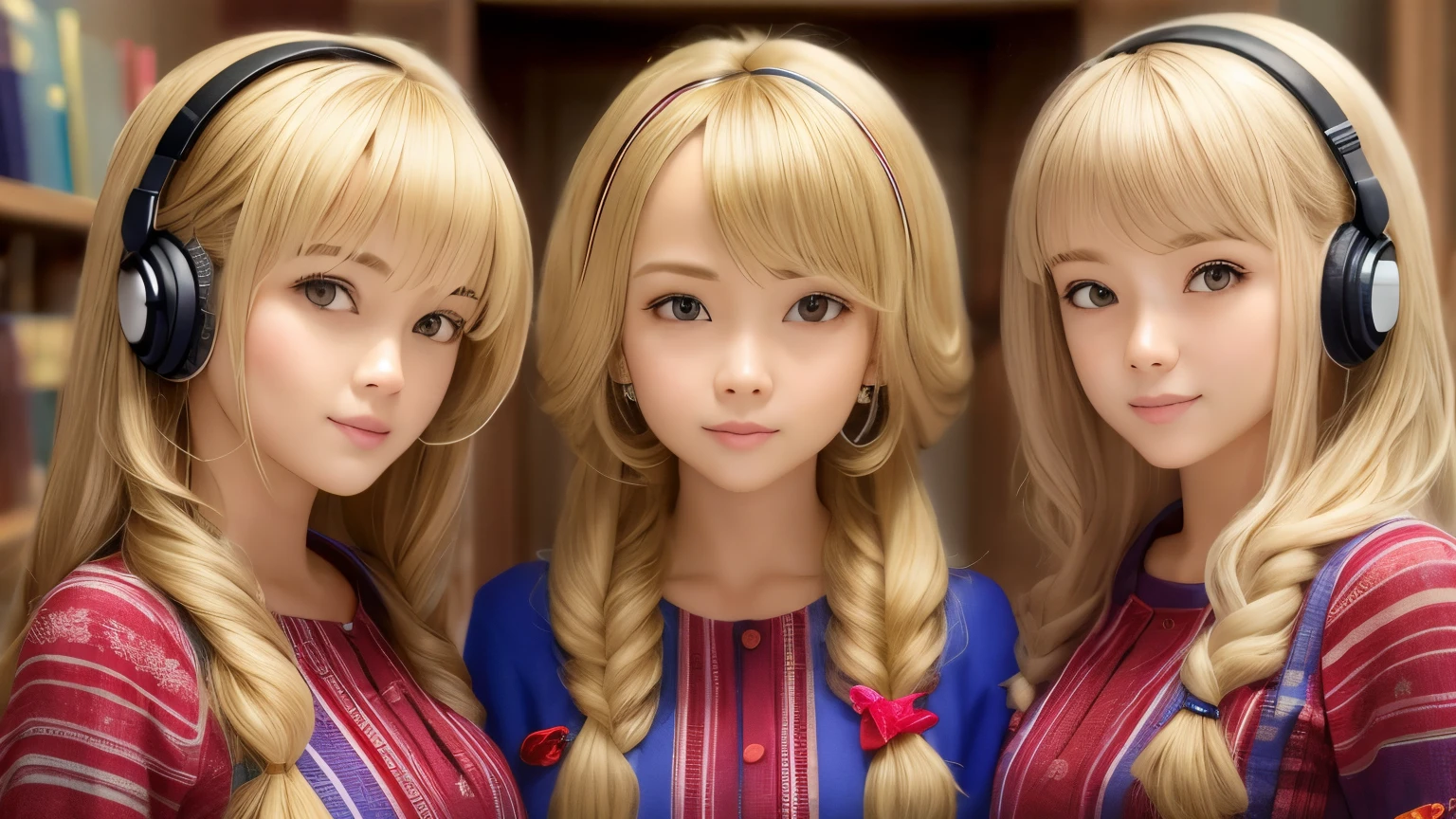 Blond-haired triplets,fones de ouvido, ice frost em segundo plano,