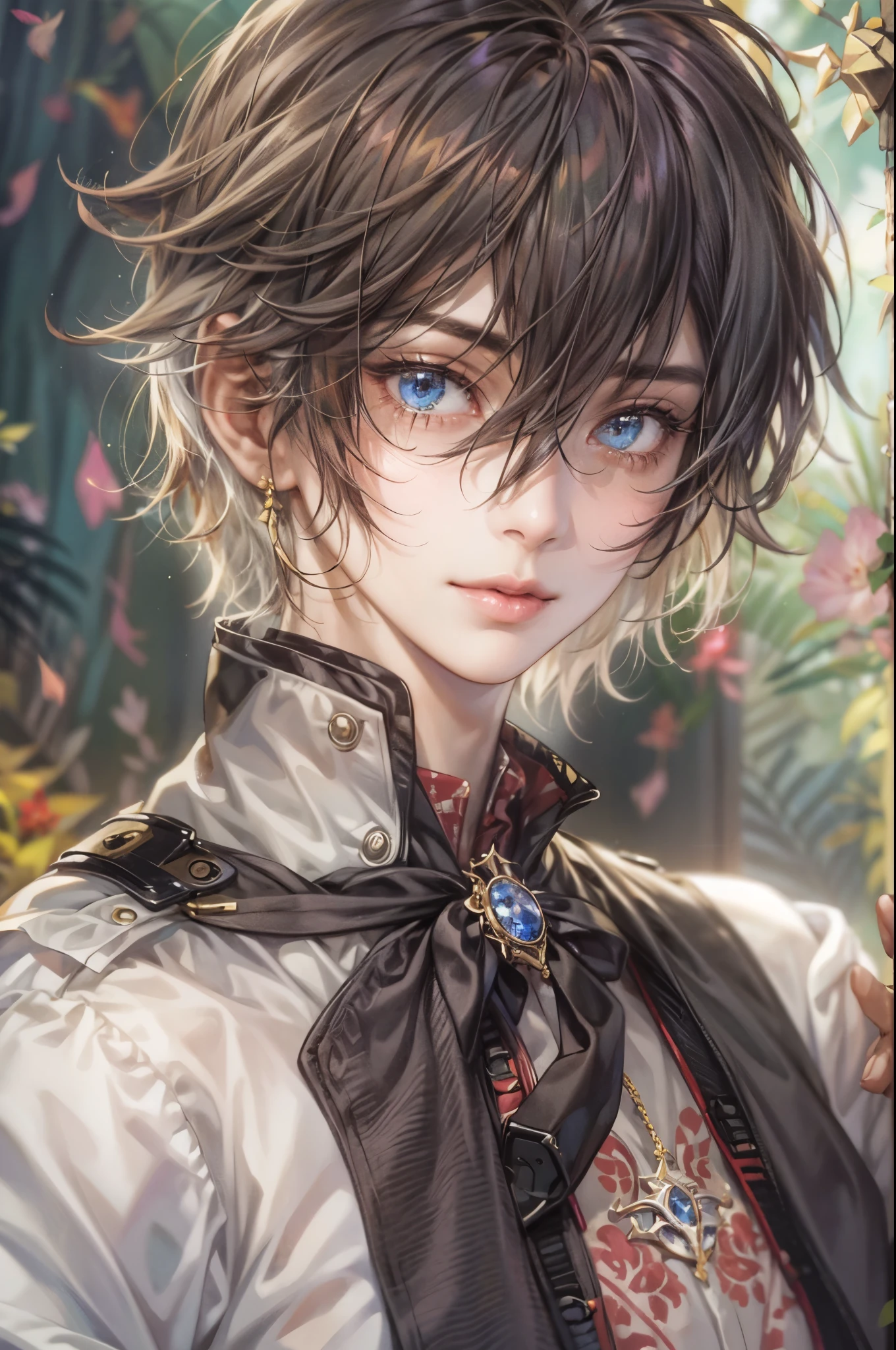 ((Best quality)), ((masterpiece)), (detailed), ((perfect face)), ((halfbody)) a character from grimms fairy tales in male version, handsome boy with an anime eyes in a detailed scene base on the character in their own story