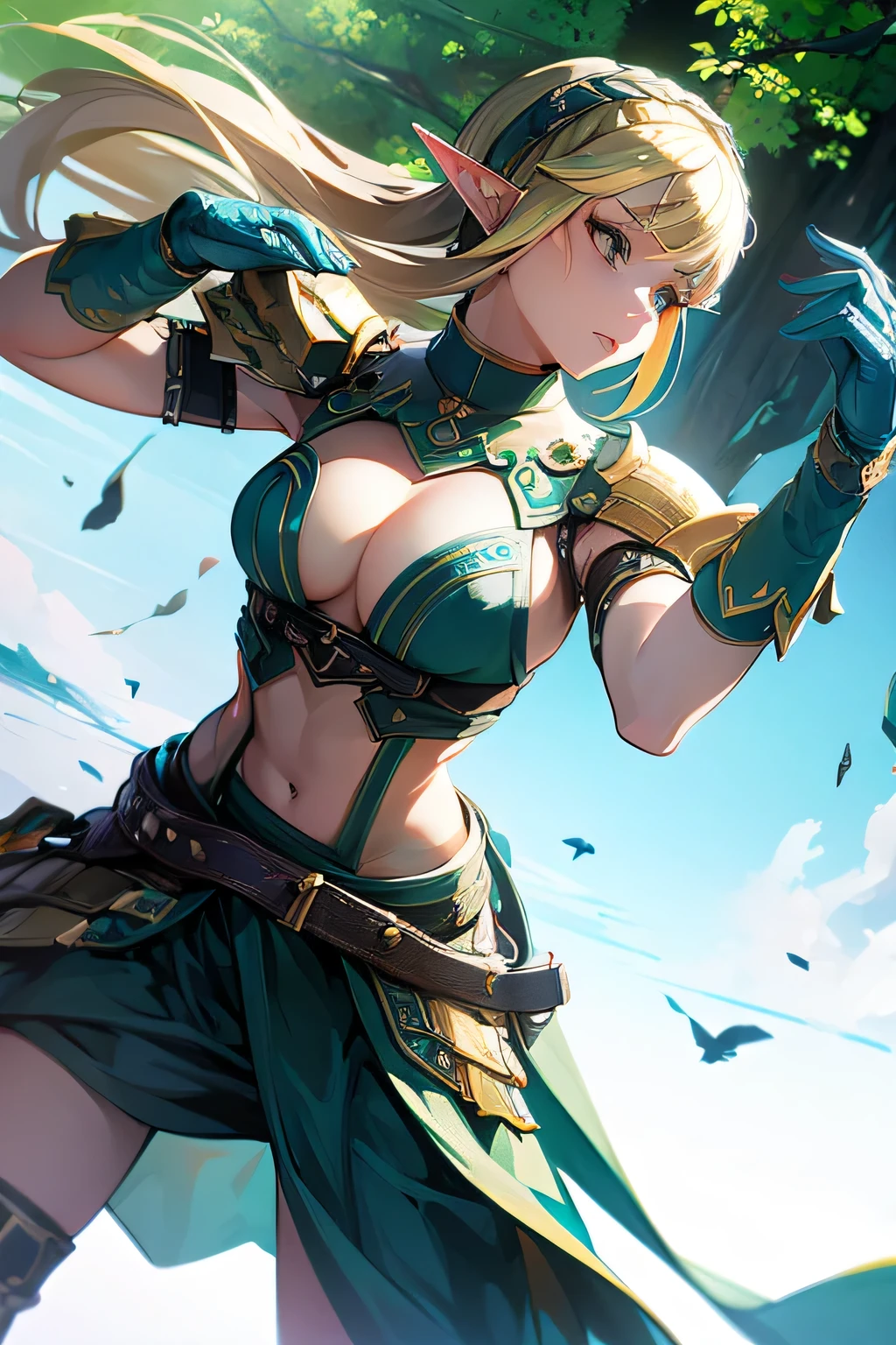 ((masterpiece, best quality)), (elf ears), female elf singing, female blonde muscular elf with blue eyes in barioth armor, stunning character art, character art of a beautiful female elf singing:1.4, athletic body, muscular:1.4, Well trained: 1.4, sixpack: 1.4, epic exquisite character art, character art portrait, rossdraws 1. 0, high quality digital concept art, beautiful female knight wearing barioth armor