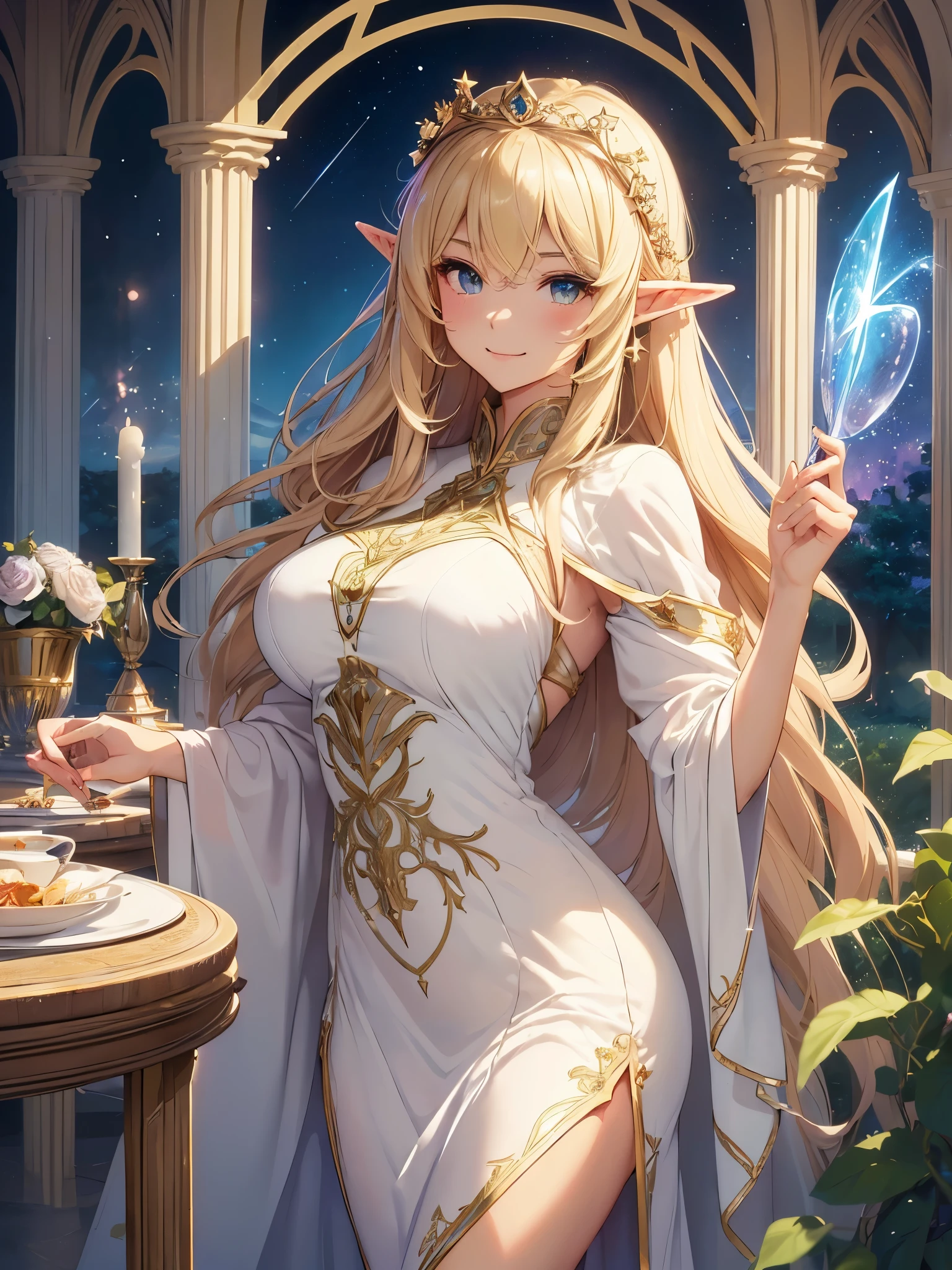 highest quality、Highest image quality、masterpiece、beautiful profile、、Titania、Super beautiful elf beauty((22 years old OL big bust、bust 90,beautiful long ironed hair、blonde、Height: 165cm。slender、sexy、Esbian、beautiful tiara、night、High quality、美しいart、background((starry ski)))muste piece、ビジュアルart、Depth of the bounds written、、elf ears、光のmagic、universe、A happy smile、gentle light、Elven Forest、tea、reading、elegant、ticker beautiful decorative、marble columnystical　rosa、Rose、　the sky、beautiful dressy、beautiful dress、table、giant galaxy、myth、ART、Lord of the Ring、sexy、friendly smile、Fantastic、universeのmagic、Earth、magicの光、fantasy、flower、super REALITYたくさんのRose、magic、universeを飛ぶ、、Grow fantasy、、mysteryの光、Art nouveau、alphonse　Mucha、、art、art,mystery,UHD,magicalgentle light,sexy