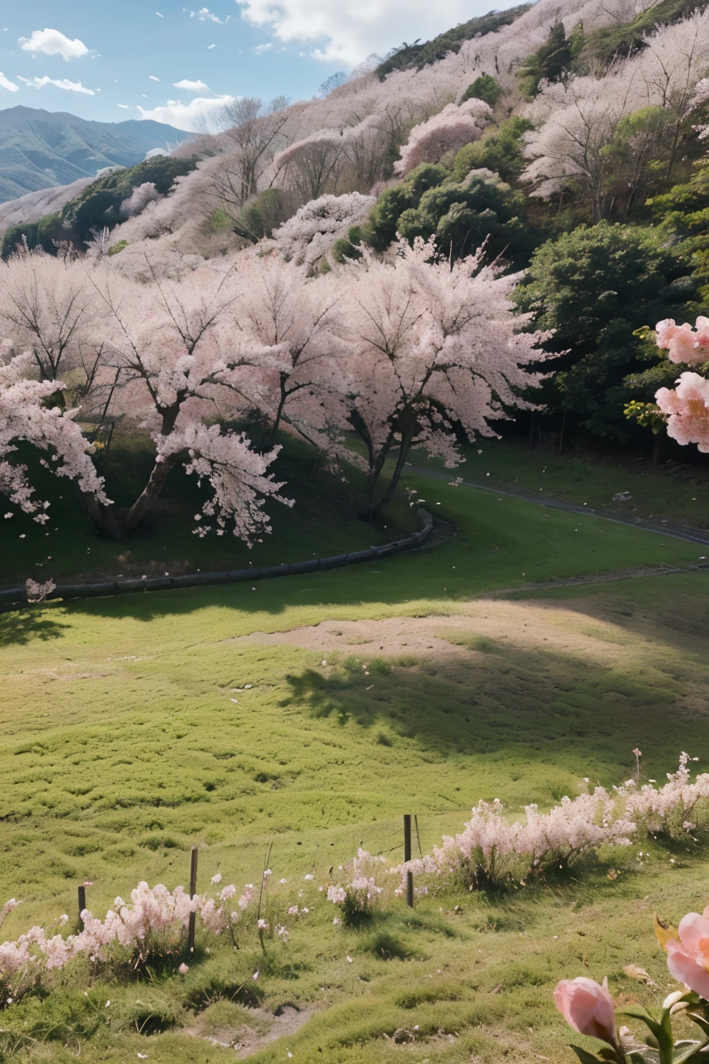 漫山peach blossom，非常多peach blossom，panoramic，peach blossom林，green grass，peach blossom，漫山遍野peach blossom，桃树peach blossom，Pink green，Detailed