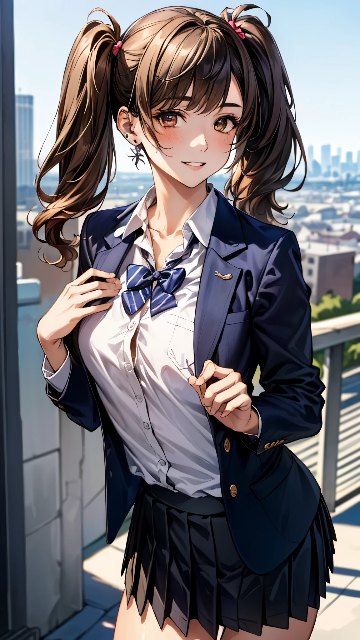 ((Tabletop, Highest quality, High resolution, Pixel perfect, 4K)), 1 girl, single, alone, Beautiful woman、I could see the whole body、 ((Mid-wave hair, bangs, Brown Hair)), ((Brown eyes, Beautiful eyelashes, Realistic eyes)), ((Detailed face, blush:1.2)), ((Smooth texture:0.75, Realistic texture:0.65, Realistic:1.1, Anime CG style)), Medium chest, Dynamic Angle, Perfect body, Transparent nipples, ((Red bow tie, , Black jacket, Open jacket, Sheer white shirt, Black Skirt, Checked skirt)), City stairs、Angle looking up from the bottom of the stairs、Very embarrassing panic smile, looked back、Leaning forward、(The wind blew up her skirt, revealing her big butt..、Touch your buttocks with both hands、Light pink lace panties)