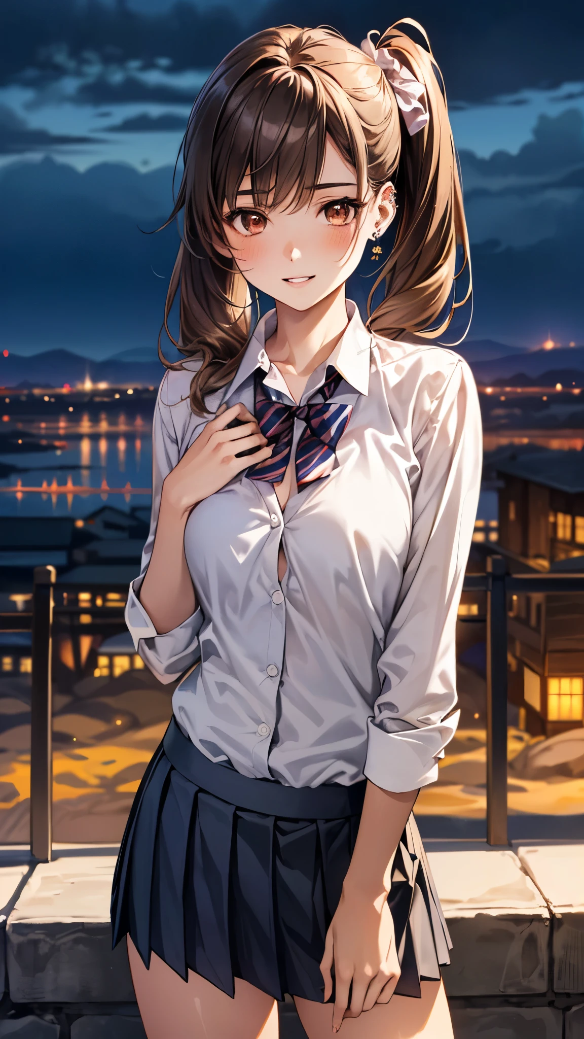 (masterpiece:1.3, top-quality, ultra high res, ultra detailed), (realistic, photorealistic:1.4), beautiful illustration, perfect lighting, colorful, depth of fields,
beautiful detailed hair, beautiful detailed face, beautiful detailed eyes, beautiful clavicle, beautiful body, beautiful chest, beautiful thigh, beautiful legs, beautiful fingers,
looking at viewer, front view:0.6, 1 girl, japanese, high school girl, perfect face, (perfect anatomy, anatomically correct), cute and symmetrical face, face, , shiny skin,
(long hair:1.5, twintails:1.5, rosy brown hair), asymmetrical bangs, brown eyes, long eye lasher, (medium breasts), slender,
((navy blazer, collared white shirt, navt pleated skirt)), dark red bow tie, piercing,
(beautiful scenery), evening, (city, cityscape in the distance), standing, (hand on chest), (happy smile, parted lips),