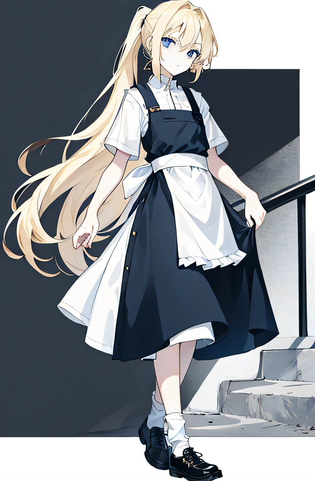 A young girl about 16 years old, slim, slightly shorter than average, white skin, long blonde hair tied in a ponytail, blue eyes. She wears a black and white apron dress with many patches and a pair of jeans. canvas shoes