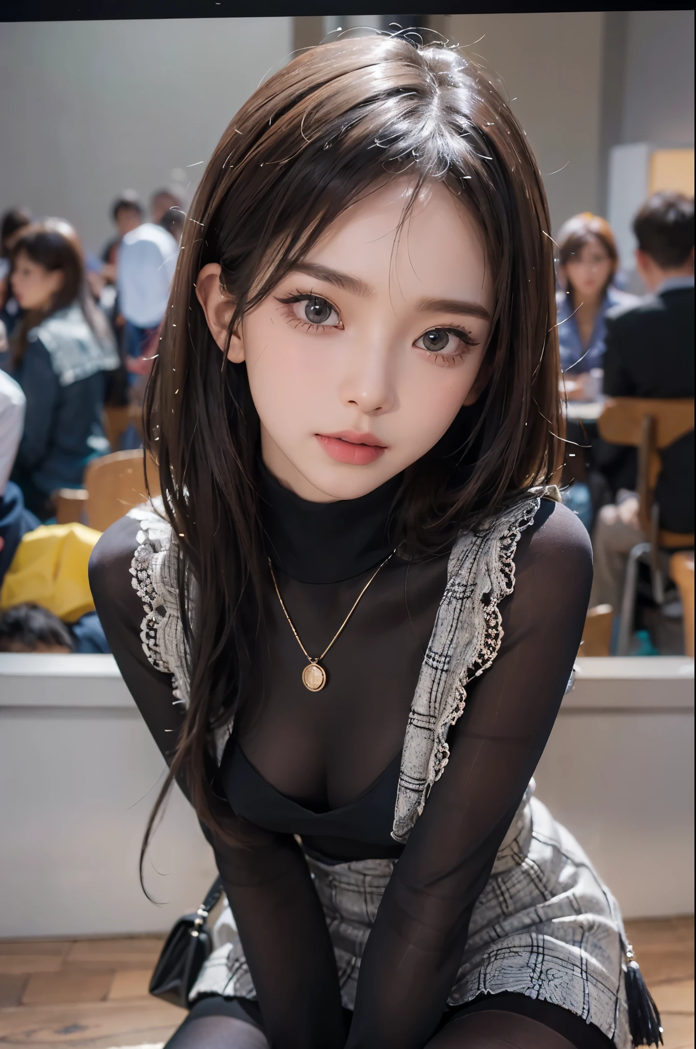 ((highest quality、8K、masterpiece:1.3))、standing、sharp focus:1.2、(realistic、Photoreal:1.37)、laughter、turn to the audience、put one&#39;s feet in front of the audience、beautiful face woman、28 years old、pointed chest、NSFW、long eyelashes、colored contact lenses、big 、Delicate、very fine eyes、highly detailed eyebrows、（sharp eyebrows）、（thin eyebrows）.highly detailed face、(brunette tousled hair:1.3),Black Long Sleeve Knit Turtleneck、small necklace、((Fringed Pocket Tweed Mini Skirt))、((pantyhose:1.4))、beautiful thighs、from below、detailed background(8K、masterpiece、highest quality、Raw photo)、Knee-high boots、Touching the thigh、raise one knee、A quiet residential area,