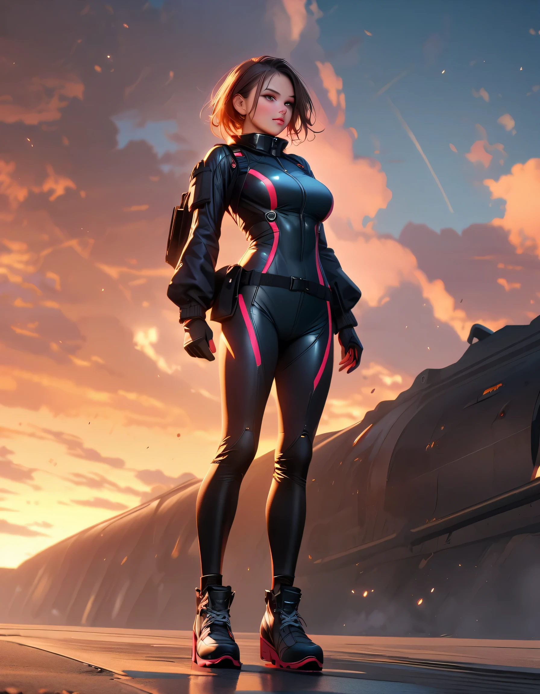 Full body futuristic female soldier in hot and tight space uniform, hyperrealistic