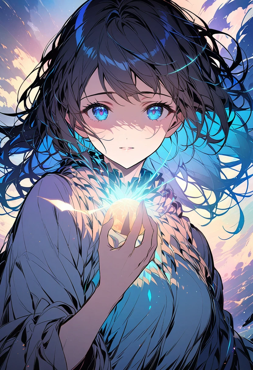 Light bounces off of air molecules in the Earth's atmosphere, scattering in all directions. Blue light is scattered more than other colors of light because of its shorter, smaller waves. Because blue light is scattered more than other colors of light, the sky appears blue. It is witch casting a spell in her hands, face closeup