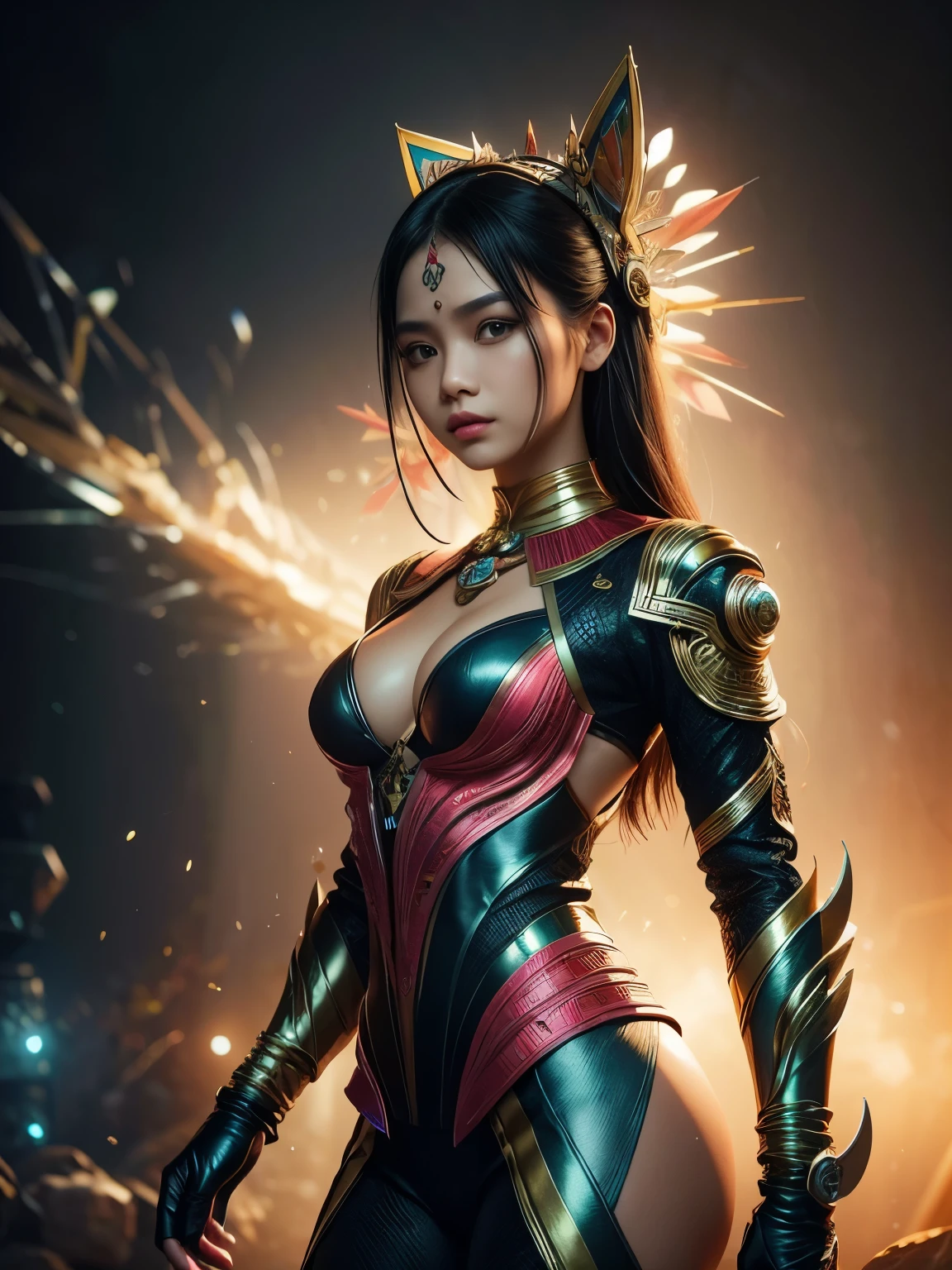 An Indonesian-styled futuristic suit worn by a girl depicting cultural fusion and modern fashion. The suit is adorned with intricate patterns and vibrant colors, showcasing the rich heritage of Indonesia. The girl stands confidently in a dynamic pose, with her detailed eyes reflecting determination and curiosity. The suit's material is a combination of traditional textiles and futuristic synthetic fabrics, giving it a unique and avant-garde appearance. The overall image quality is of the highest standard, with sharp focus and ultra-detailed rendering. The artwork employs physically-based rendering techniques, resulting in realistic lighting and shadows. The colors are vivid and vibrant, capturing the essence of Indonesian cultural aesthetics. The background features a fusion of modern architecture and traditional elements, creating a harmonious blend of the past and the future. The prompt explores the intersection of Indonesian culture, futuristic design, and the artistic representation of a confident girl