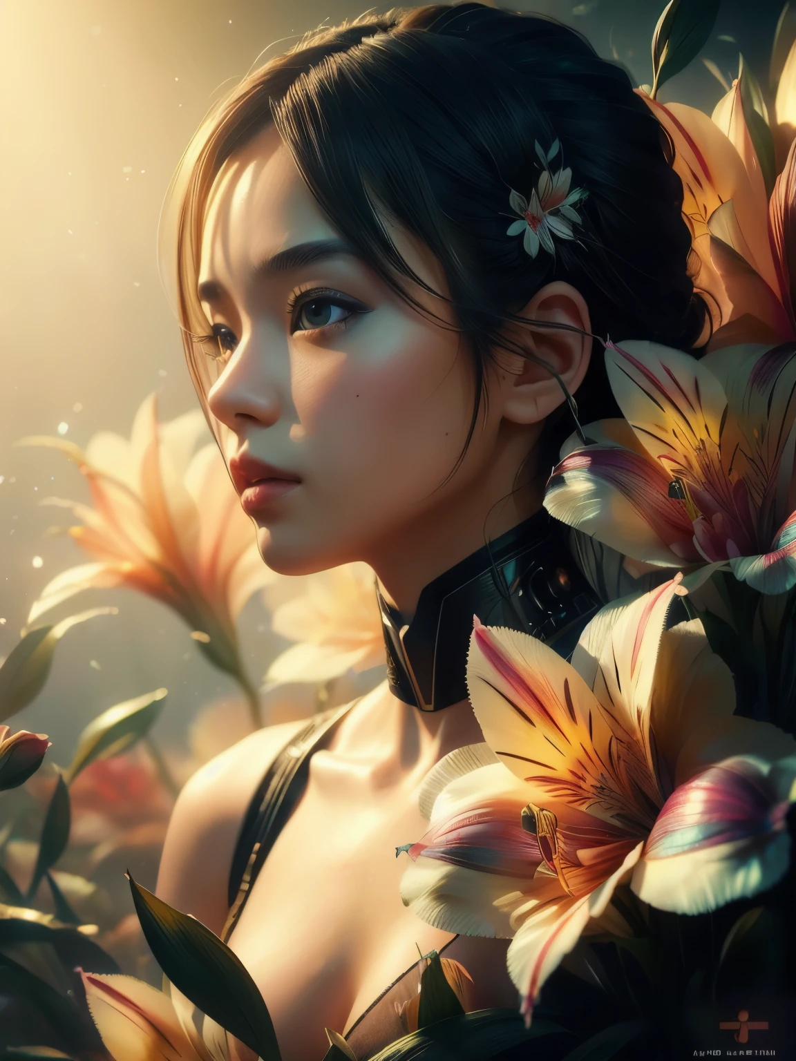 (high quality), (masterpiece), (detailed), 8K, Hyper-realistic portrayal of a futuristic (1girl1.2), Japanese character adorned with delicate alstroemeria flowers. Meticulous details capture the fusion of nature and technology in this visually stunning composition. Trending on Artstation.