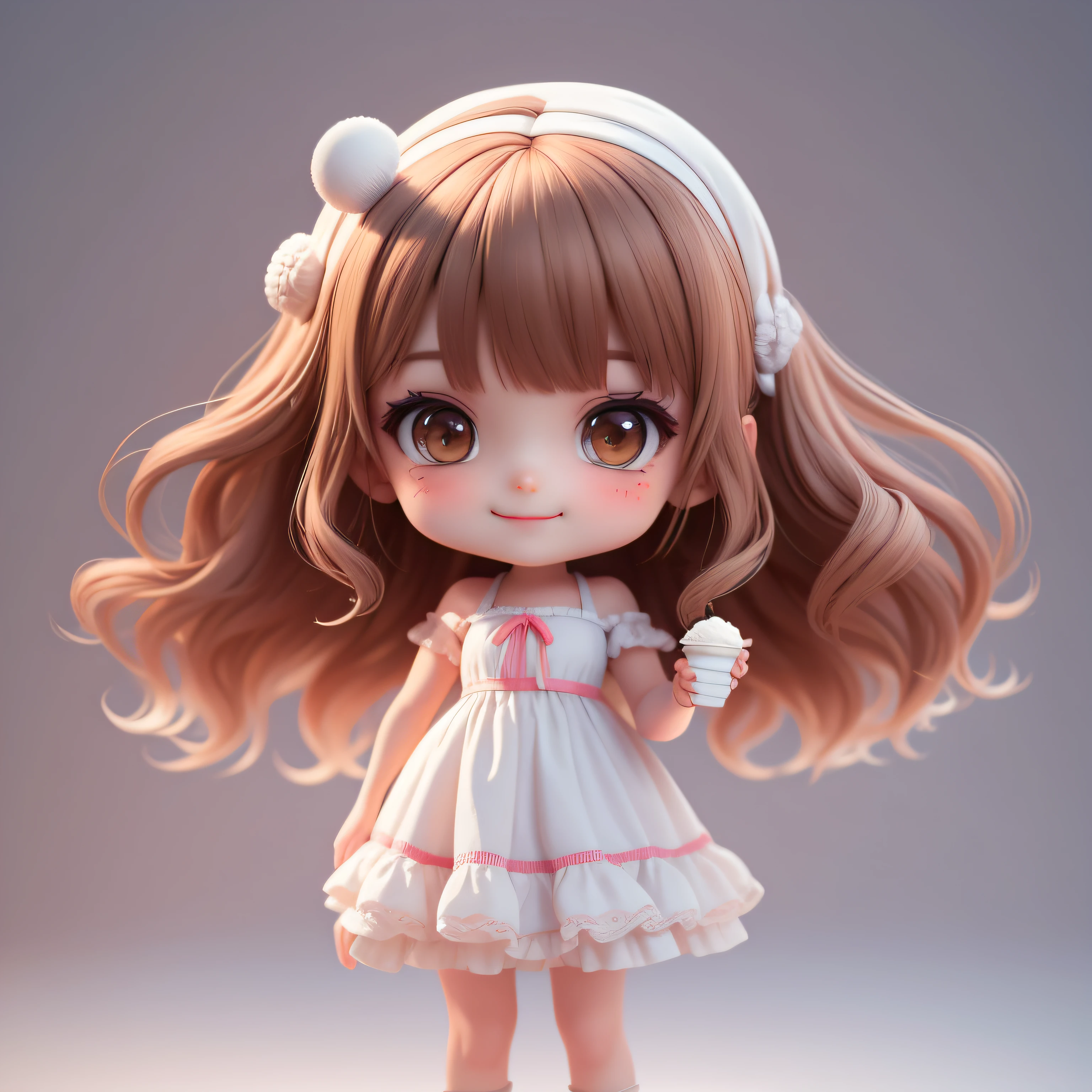 (chef-d&#39;artwork), (best quality), (Ultra detailed), (Tout le corps: 1.2), chibi, mignon, morning light, fond blanc, Holding an ice cream cone, vue de face, Bokeh, sursaturé, Contraste des couleurs: 1.1, surrealist, Digital art, gare artistique, 1 fille, sourire, long wavy brown hair, yeux marrons, Robe blanche à volants, off the shoulders, rougir, (beautiful detailed face)