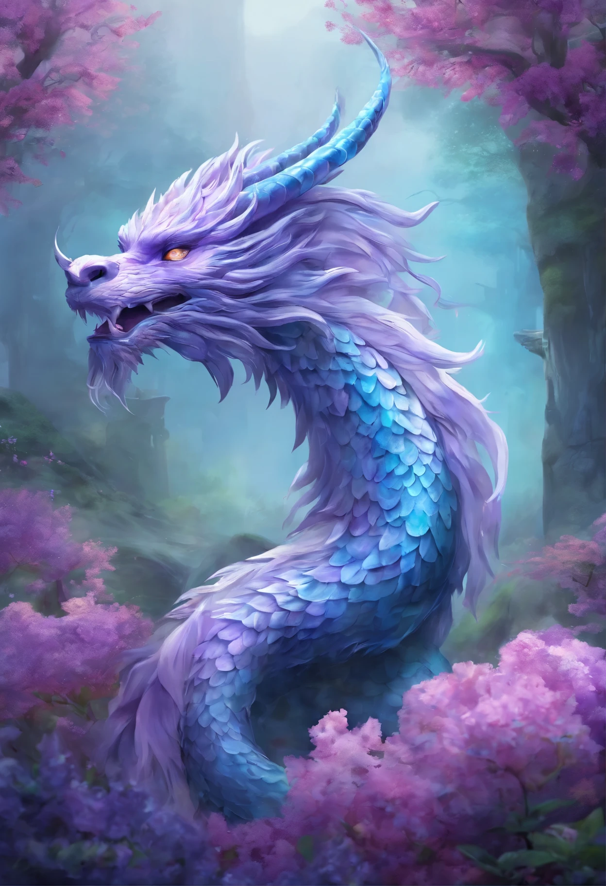 "Very nice 3d rendering of a lilac Chinese dragon,The dragon's face is kind、The background is a light blue flower garden、Grasping a crystal ball with its front paws、Dynamic performance, Vibrant effects and details,best image quality,High resolution,