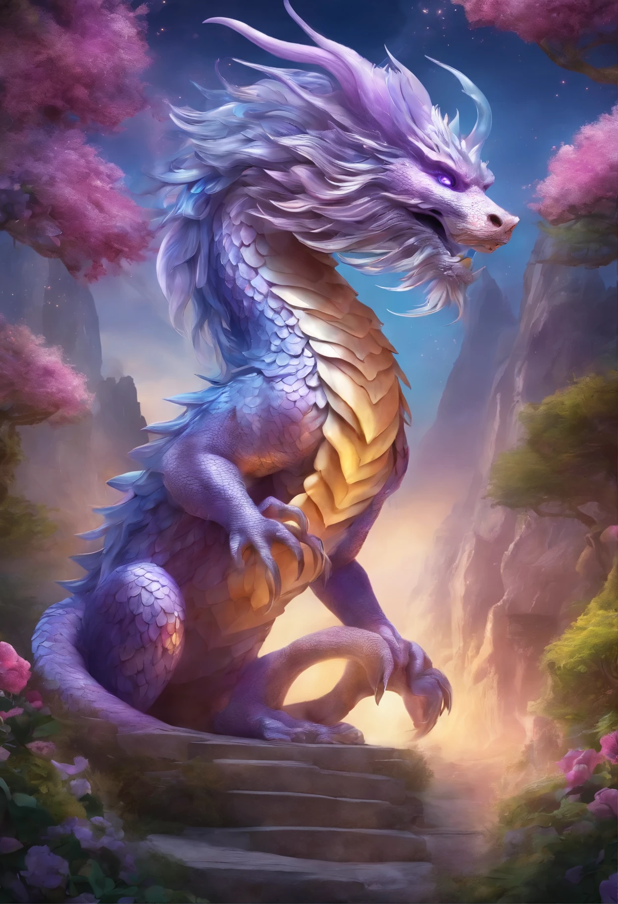 "Very nice 3d rendering of a lilac Chinese dragon,The dragon's face is kind、The background is a light blue flower garden、Grasping a crystal ball with its front paws、Dynamic performance, Vibrant effects and details,best image quality,High resolution,