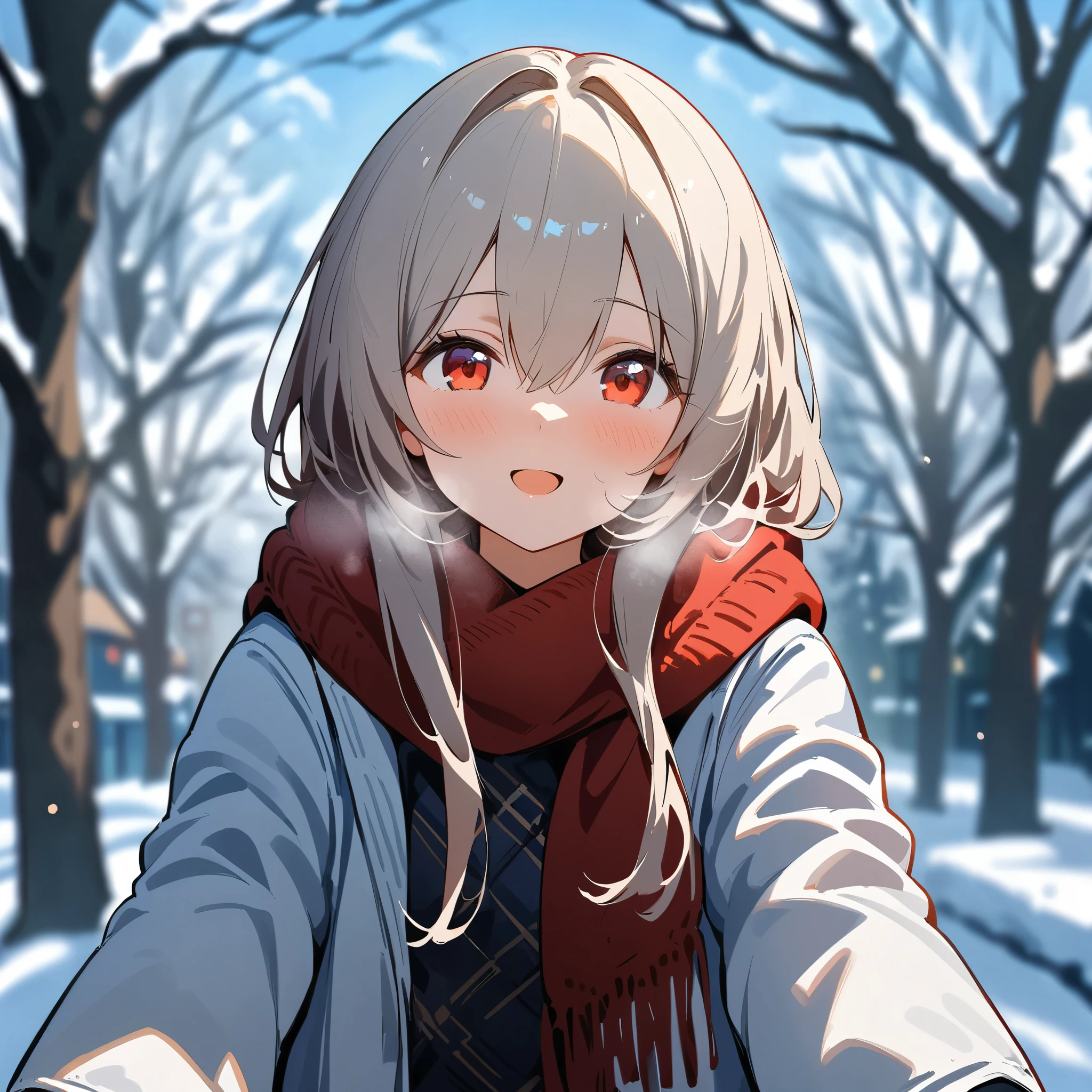 (masterpiece, best quality:1.2), 1girl, solo，solo, 1girl, red_eyes, red_scarf, looking_at_viewer, blush, open_mouth, long_hair, hair_between_eyes, blurry_background, bangs, outdoors, breath, enpera, :d, depth_of_field, grey_hair, upper_body, bare_tree, fur_trim, outstretched_arms, day, winter_clothes, coat, white_jacket