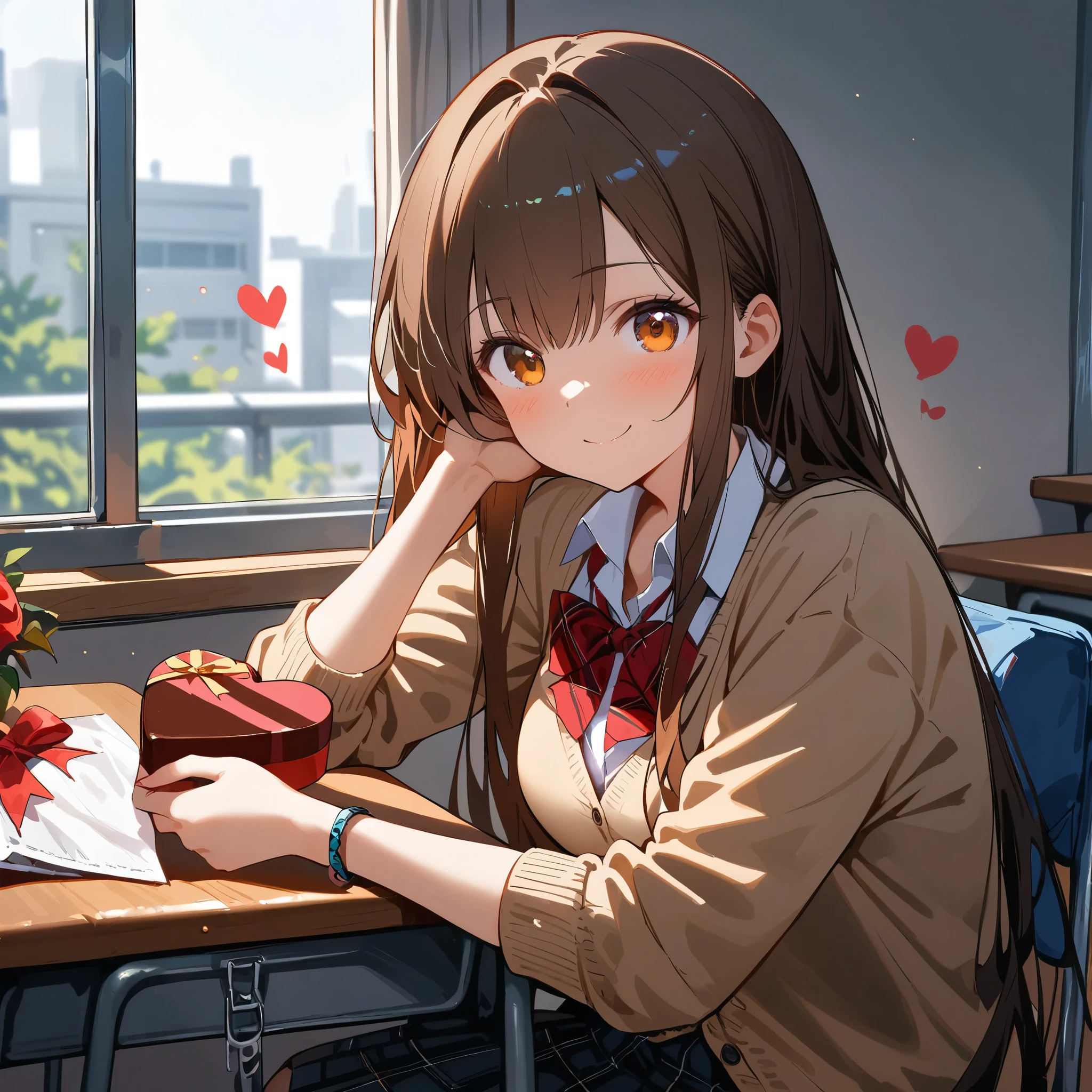 (masterpiece, best quality:1.2), 1girl, solo, sitting, valentine, smile, school_uniform, long_hair, brown_hair, indoors, bracelet, brown_eyes, looking_at_viewer, chocolate, blush, school_bag, bangs, heart-shaped_box, holding, cardigan, chair, window, white_shirt, red_bowtie, gift, candy, hair_ornament, collared_shirt, black_skirt, school_desk, heart_necklace