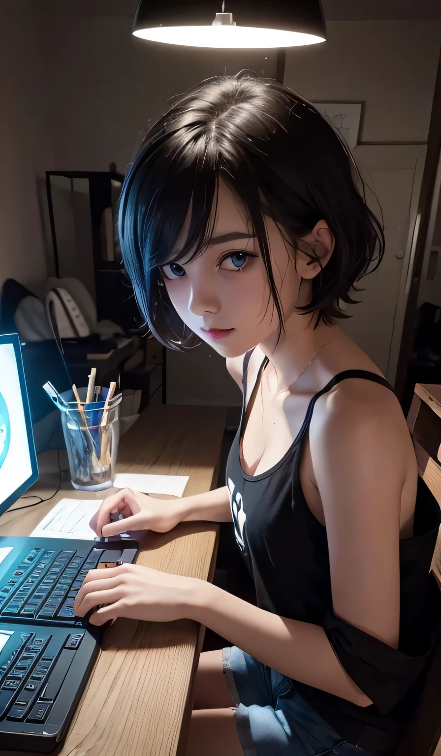 (photo Aesthetic , wallpaper ,8k), (masterpiece, vibrant, best Quality), dynamic lighting,1 girl, solo, 18 years old, short black hair, Messy hair , blue eyes, tank top, black Jacket, shorts, Playing games, ((lighting from a computer)), (high angle), indoor, (night), (dim room)