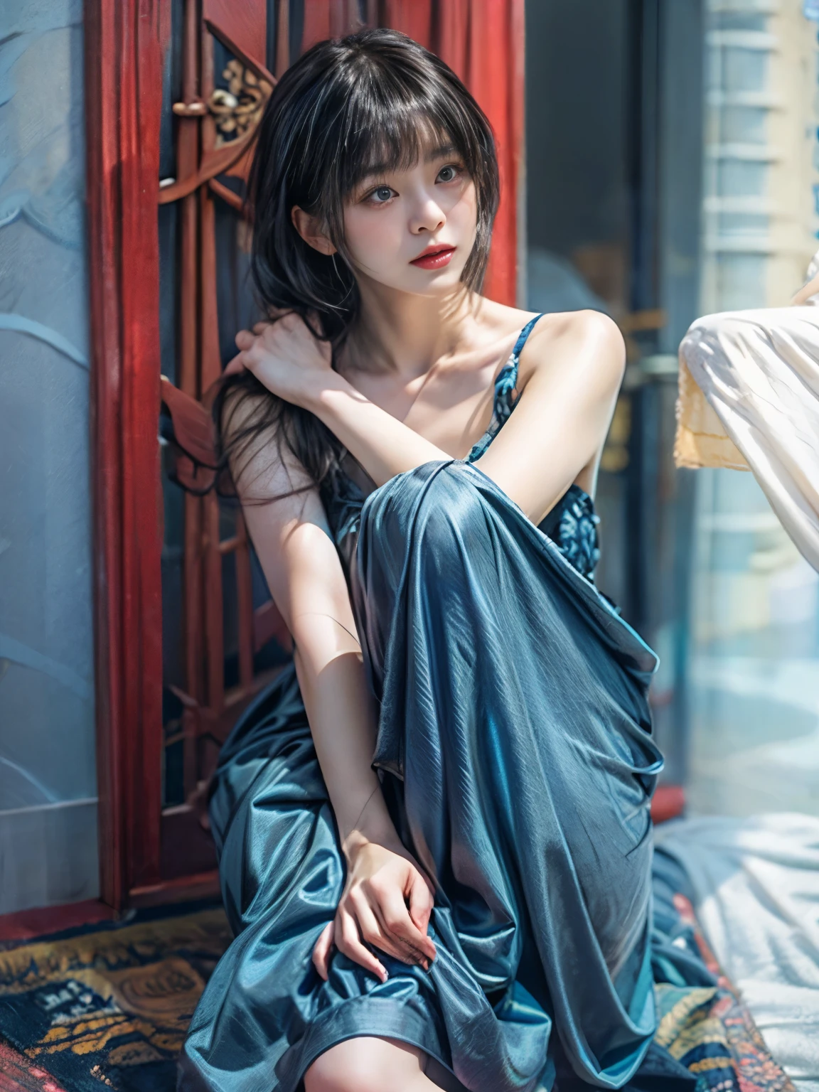 masterpiece、highest quality、cinema、(cute japanese woman、bangs:1.3)、23 years old、1 girl、elegant、black hair、(sundress:1.2)、(sorrow:1.1)、