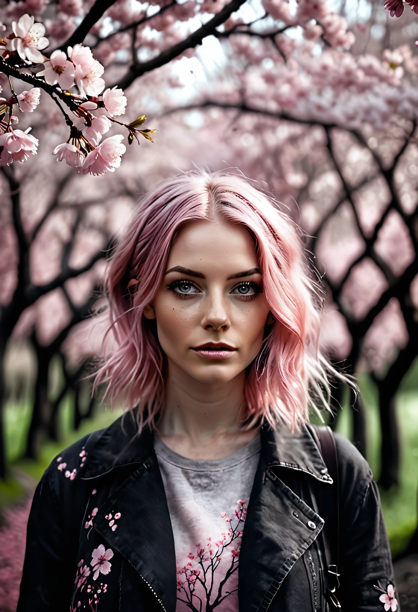 (Realistic:1.4), analog photo style, depth of field, full length photo of cute woman with dusty pink hair in a cherry blossom woods, on black canvas, ominous landscapes, light grey and pink, energy-filled illustrations, detailed face and eyes, highly detailed, dark fantasy aura, faded colours.