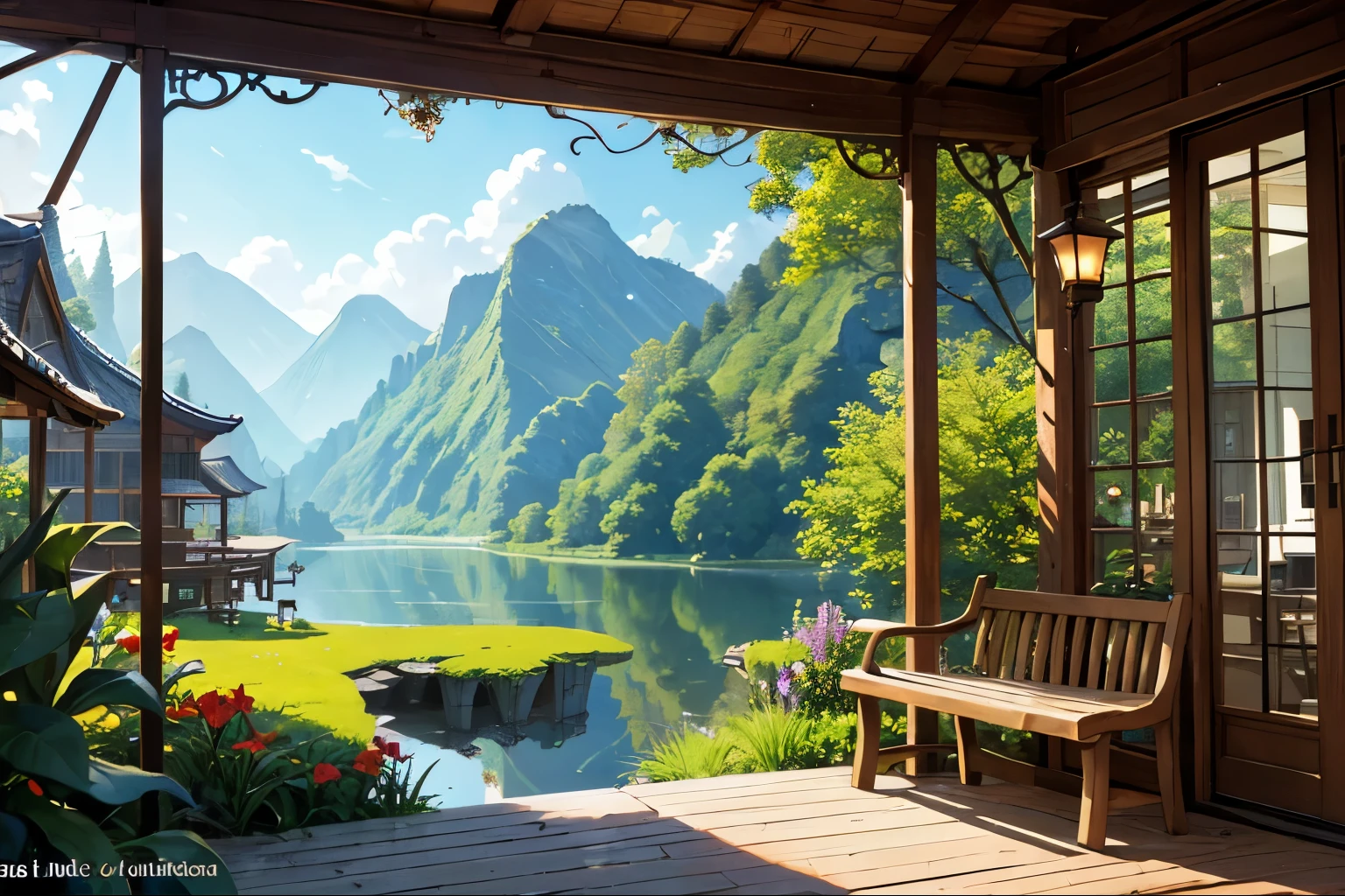 (micro landscape:1.5),(best quality), ((masterpiece)), (high resolution), illustration, The original, Very detailed wallpaper, 没have人类, window, landscape, plant, water, potted plant, outDoors, architecture, Door, house, flower pot, sky, lily pad, Chair, flower, table, stairs, watermark, have, Tree, Sunlight, pond, Grass, inDoors, reflection, lamp, balcony, black headdress, bushing, sky空, railing, table, open window, shelf, leaf, Book, URL, Copyright name, ladder, architecture学, shadow, alone, obsolete, vine, flower瓶, City, coffee shop, lantern, bucket, ruins, bench, shop, sign, moss, Boat, bucket, river,