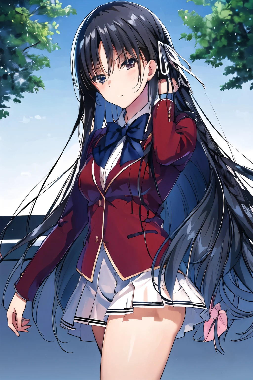 masterpiece, highest quality, High resolution, Azune, long hair, black hair, (single blade:1.2), hair ribbon, red jacket, blazer, blue bow tie, long sleeve, white skirt, black stockings, Are standing, cowboy shot, outdoor