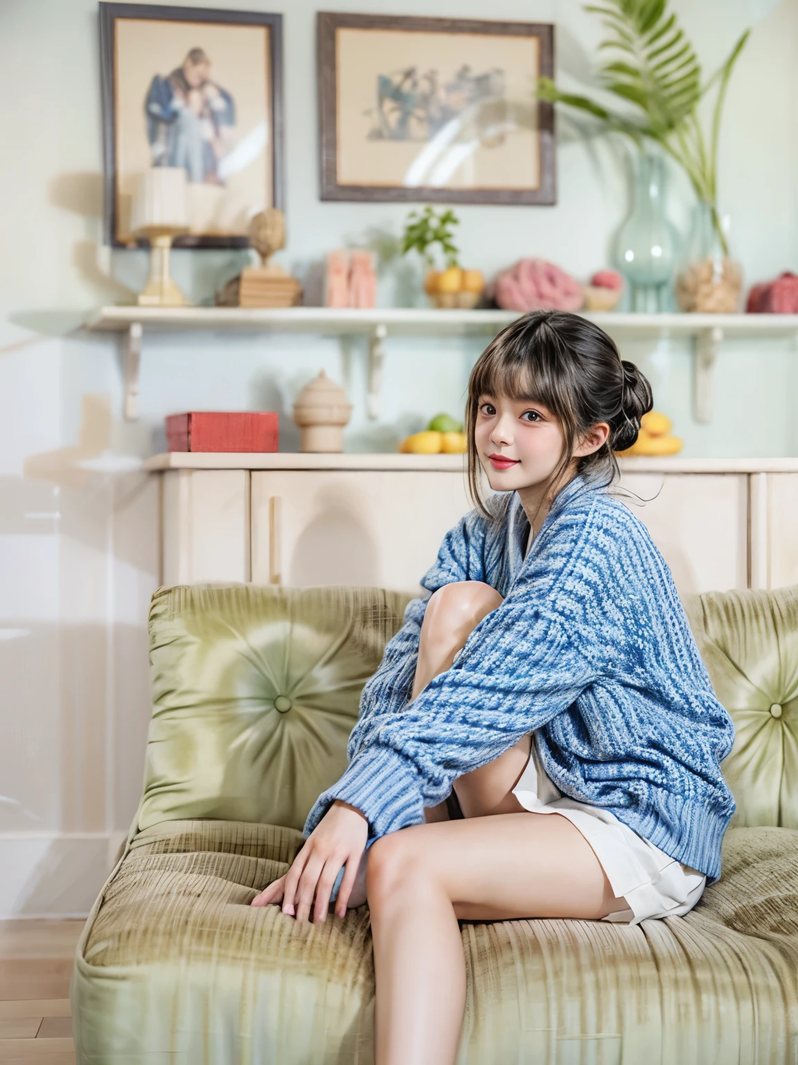masterpiece、highest quality、cinema、(Details of both eyes)、(cute japanese woman、bangs:1.3)、23 years old、1 girl、elegant、black hair、(sit:1.2)、