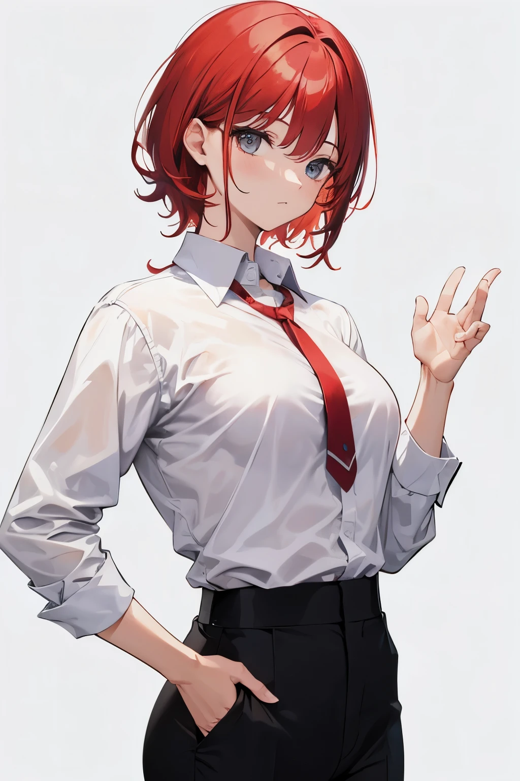 desenho de uma mulher, camisa social branca e gravata masculina, dress pants and red hair.