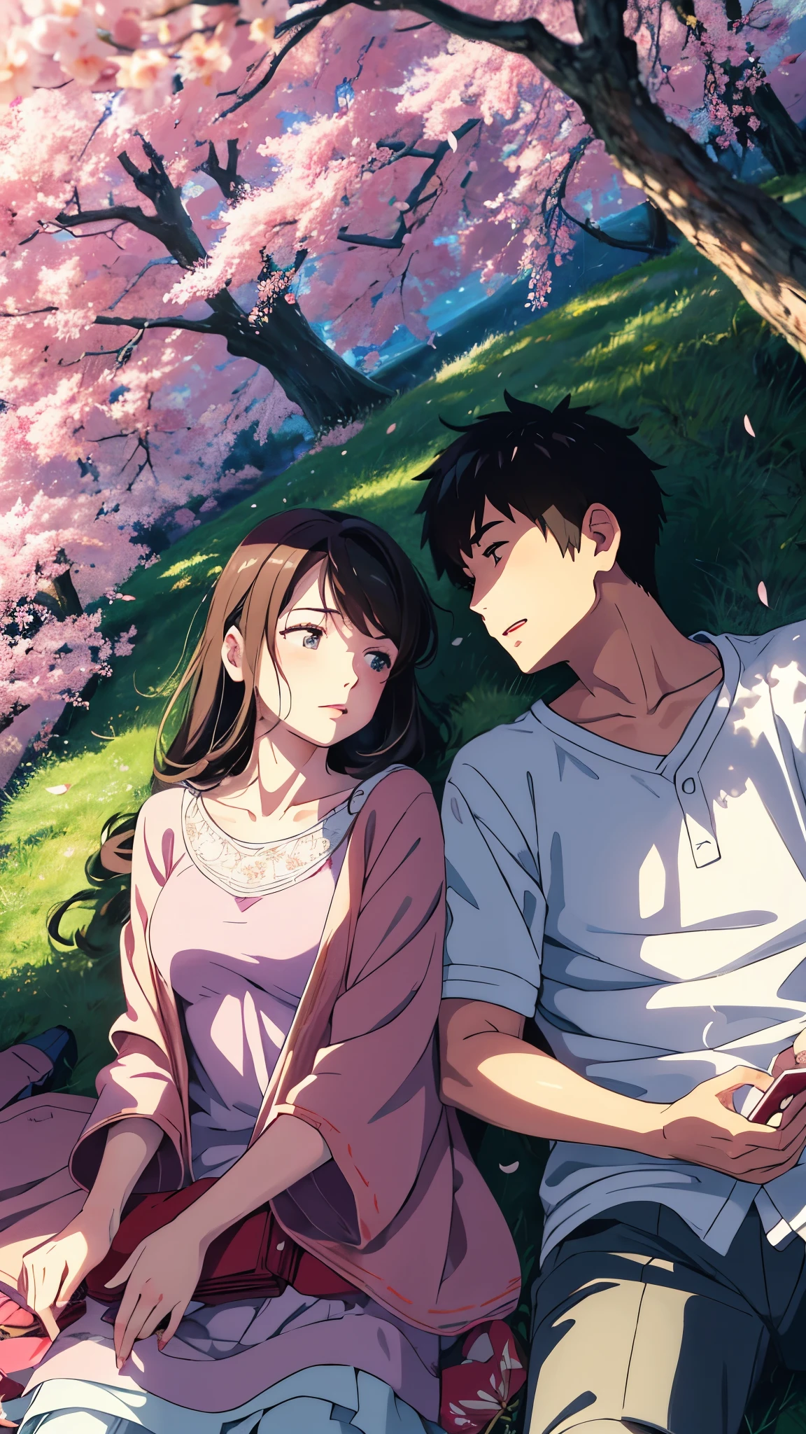 In a grassy park dotted with cherry blossom trees, a age boy and girl are lying side by side on a soft blanket. They are looking up at the branches overhead, where cherry blossom petals are raining down like confetti. The boy has his arm around the girl, listening to music together. Their expressions are relaxed and content, enjoying each other's company in the midst of nature's beauty.