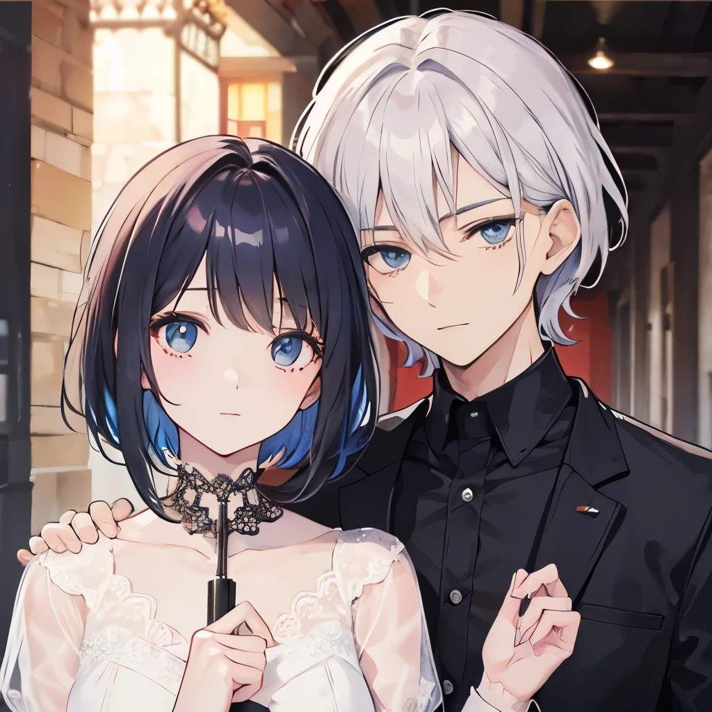 The first one is a handsome man、The man's hair color is gray、the man is taller、2The eye is on a cute woman with bob hair.、couple、perfect face、love love、The background is Italy