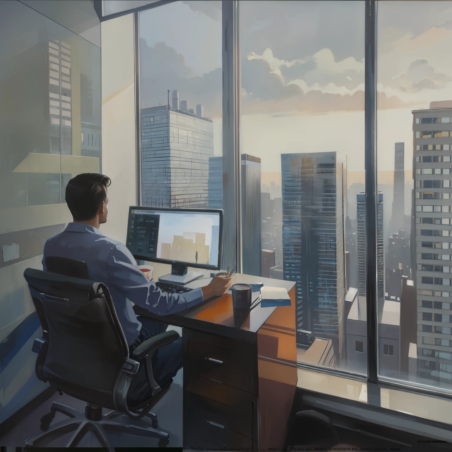 Painting &quot;Man, sitting at a table in front of the window&quot;, overlooking a modern city, inspired by Michael Komark, 4k oil on flax, inspired by David Ligare, in the office, solo portrait, sat in the office, Modern office, сидя in the office, working in the office, late morning, Modern cityscape, detailed oil painting in 4k