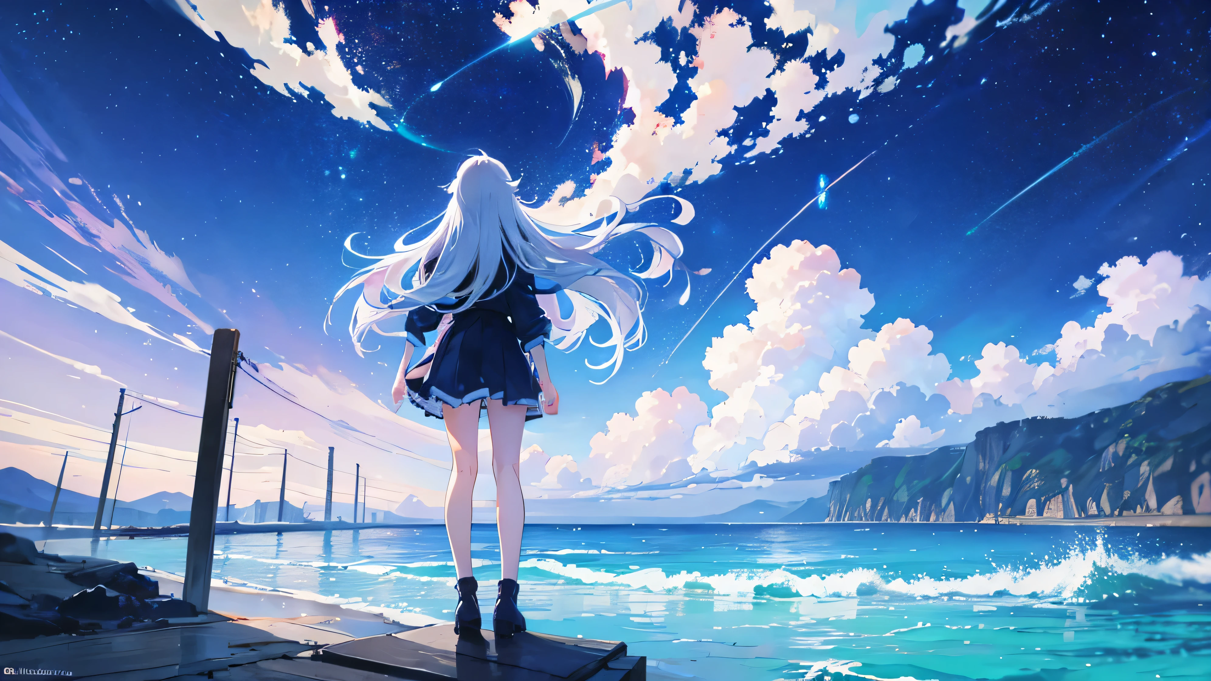 Anime Style Makoto Shinkai, Anime Characters A girl (white long hair) Standing on Pier And Looking At The Sky facing backwards, Cosmic Sky With Dramatic Color, Backview, Makoto Shinkai Style Art, Best Quality, she is facing the sea and sky. High quality. 4k. Render cute detailed.