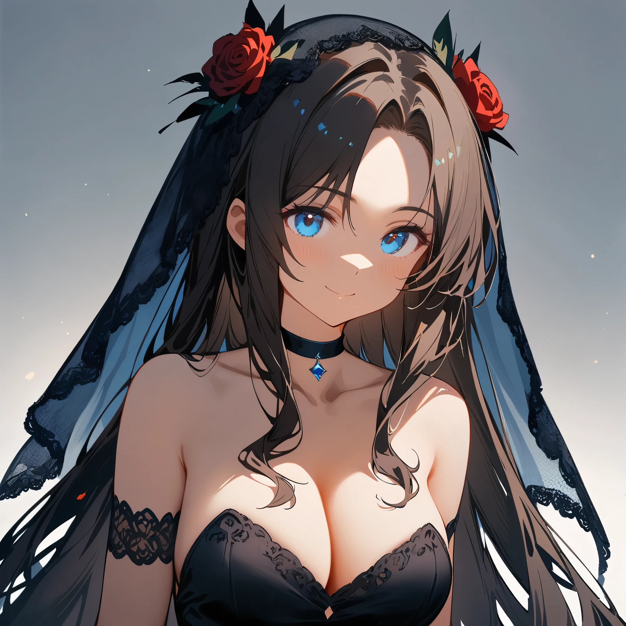 (masterpiece, best quality:1.2), 1girl, solo，1girl, solo, holding_sword, black_dress, cleavage, black_hair, blue_eyes, strapless_dress, black_choker, bare_shoulders, looking_at_viewer, black_rose, closed_mouth, veil, ribbon, hair_flower, medium_breasts, smile, very_long_hair, collarbone, wrist_cuffs, sidelocks, grey_background, gradient_background, parted_bangs